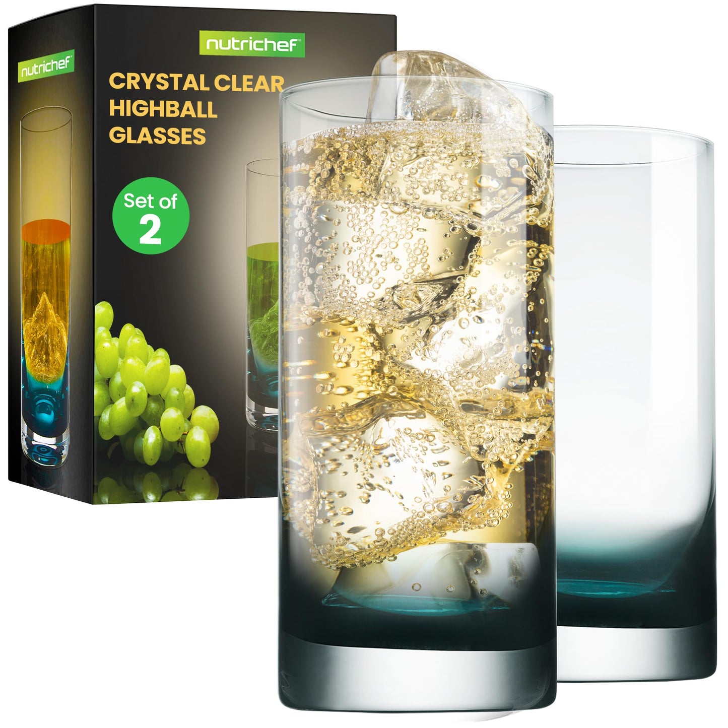NutriChef 12.5oz Highball Drinking Glasses - Set of 2 Heavy Base Tall Tumbler Clear Glassware for Water, Wine, Beer, Liquor, Gin, Cocktail, Whiskey, Juice, Iced Coffee, Mixed Drinks, Dishwasher Safe