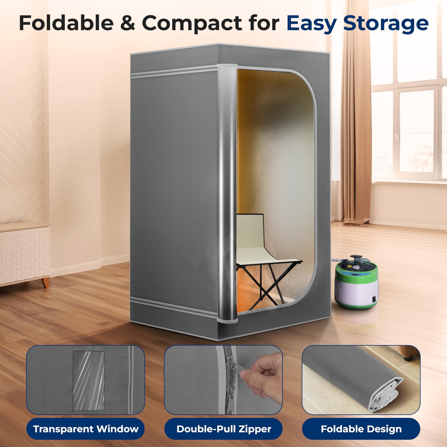 SereneLife Portable Full Size Home Spa| One Person Sauna | with Heating Foot Pad and Portable Chair (Steam Gray)