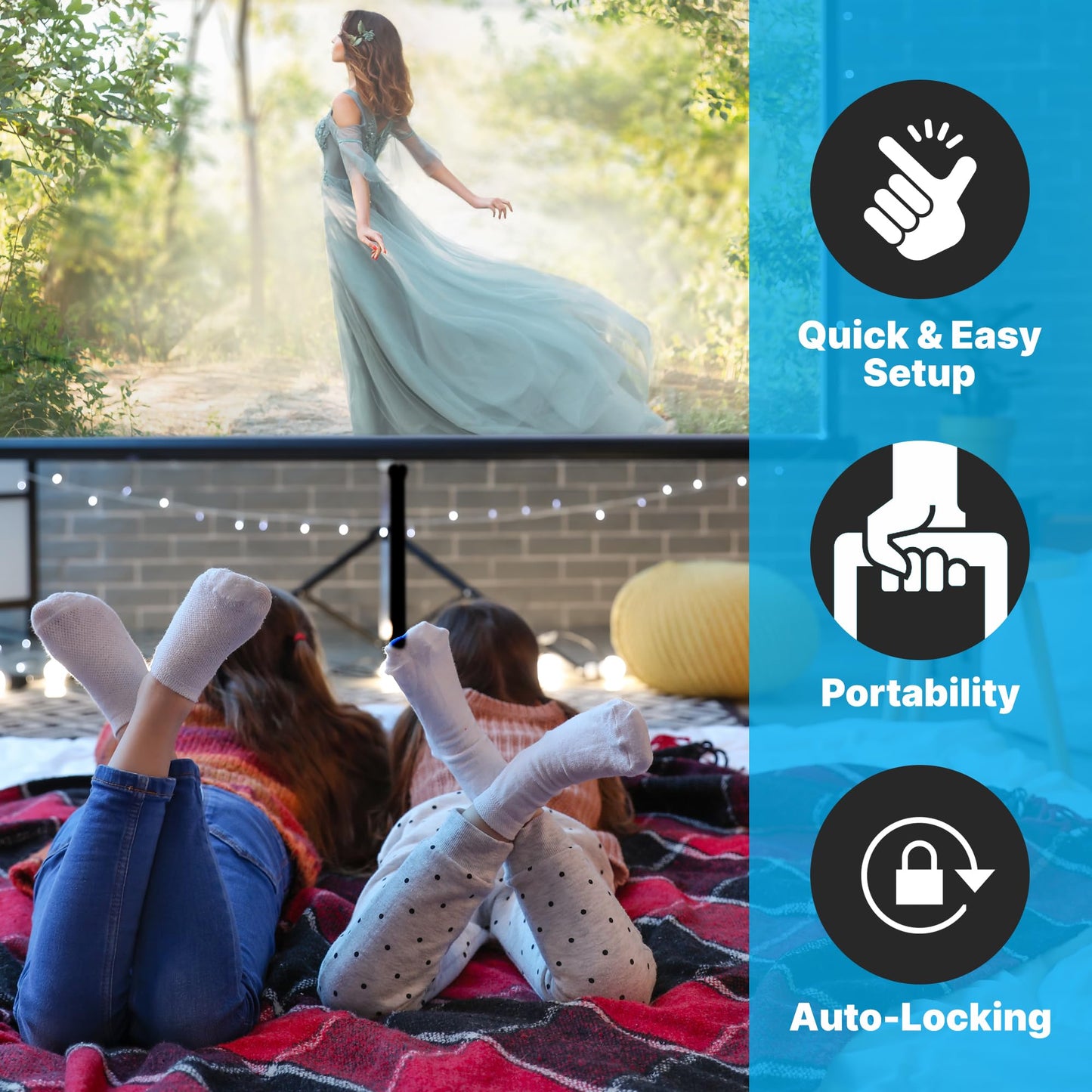 Projector Screen 84" with Floor Standing Portable Fold-Out Roll-Up Tripod Manual, Mobile Movie Screen, Home Theater Cinema Wedding Party Office Presentation, Quick Assembly