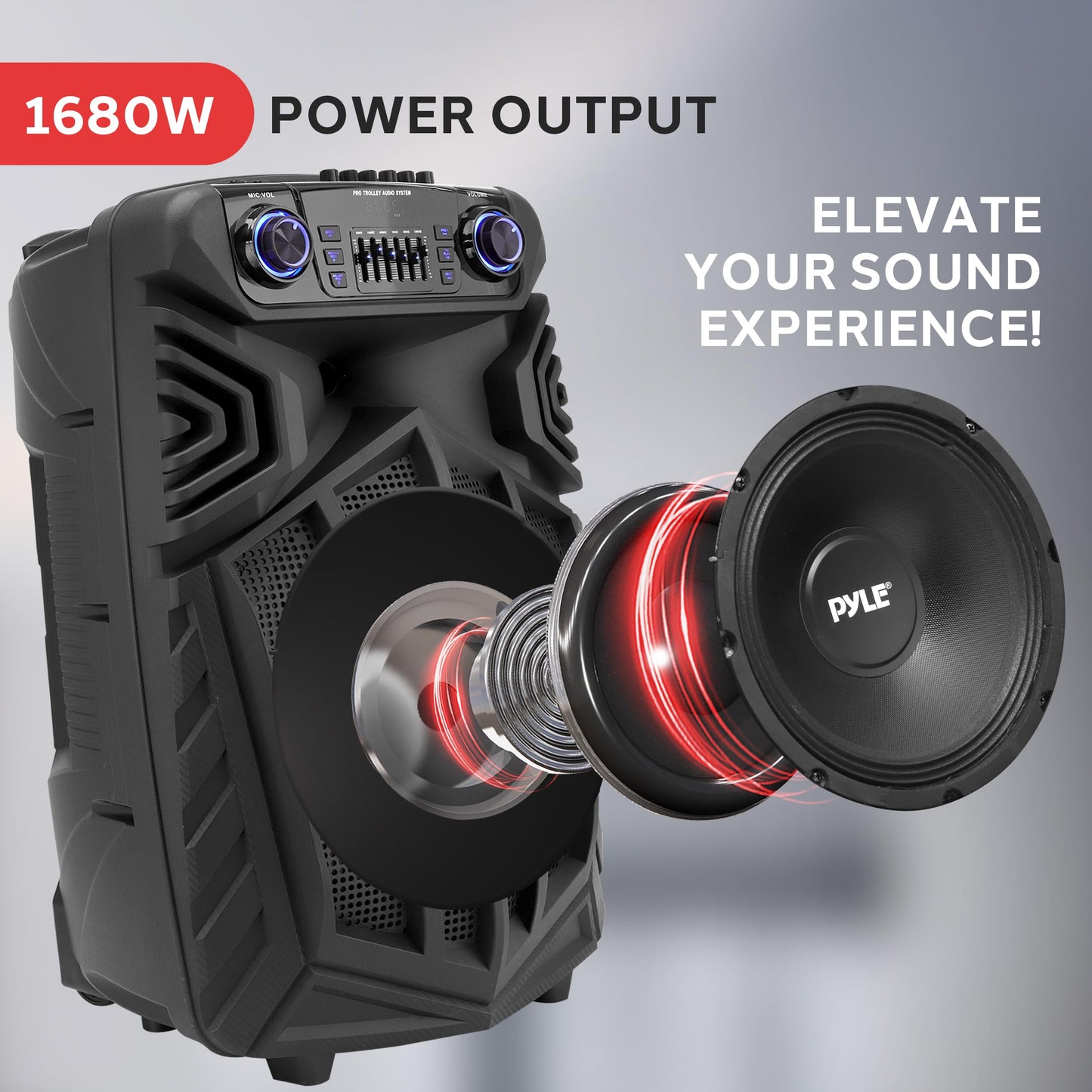 Pyle 1680W Portable Bluetooth PA Speaker - 15" Rechargeable Outdoor Karaoke Party Speaker, Audio System w/Wireless Mic and Wheels, TWS, Party Lights, LED Display, 6.5mm Mic Input, FM/AUX/MP3/USB/SD
