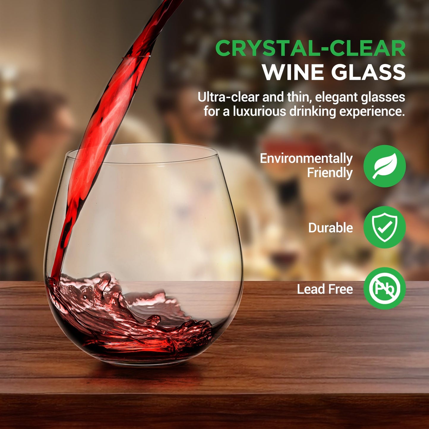 NutriChef Stemless Wine Glasses (Set of 2) 15 Oz, Crystal Clear Red And White Wine Glasses For Daily Use, Home Bar, Parties, Hosting, Evening Party, Birthdays, Shower, Housewarming Gift