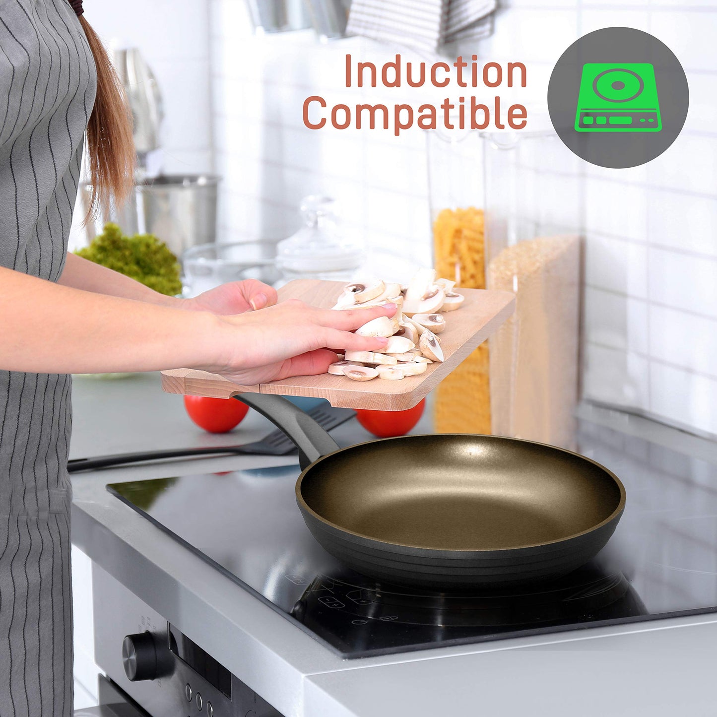 NutriChef 9.5'' Medium Fry Pan - Non-Stick Stylish Kitchen Cookware with Metallic Ridge-Line Pattern (Works with Model: NCCW12S)