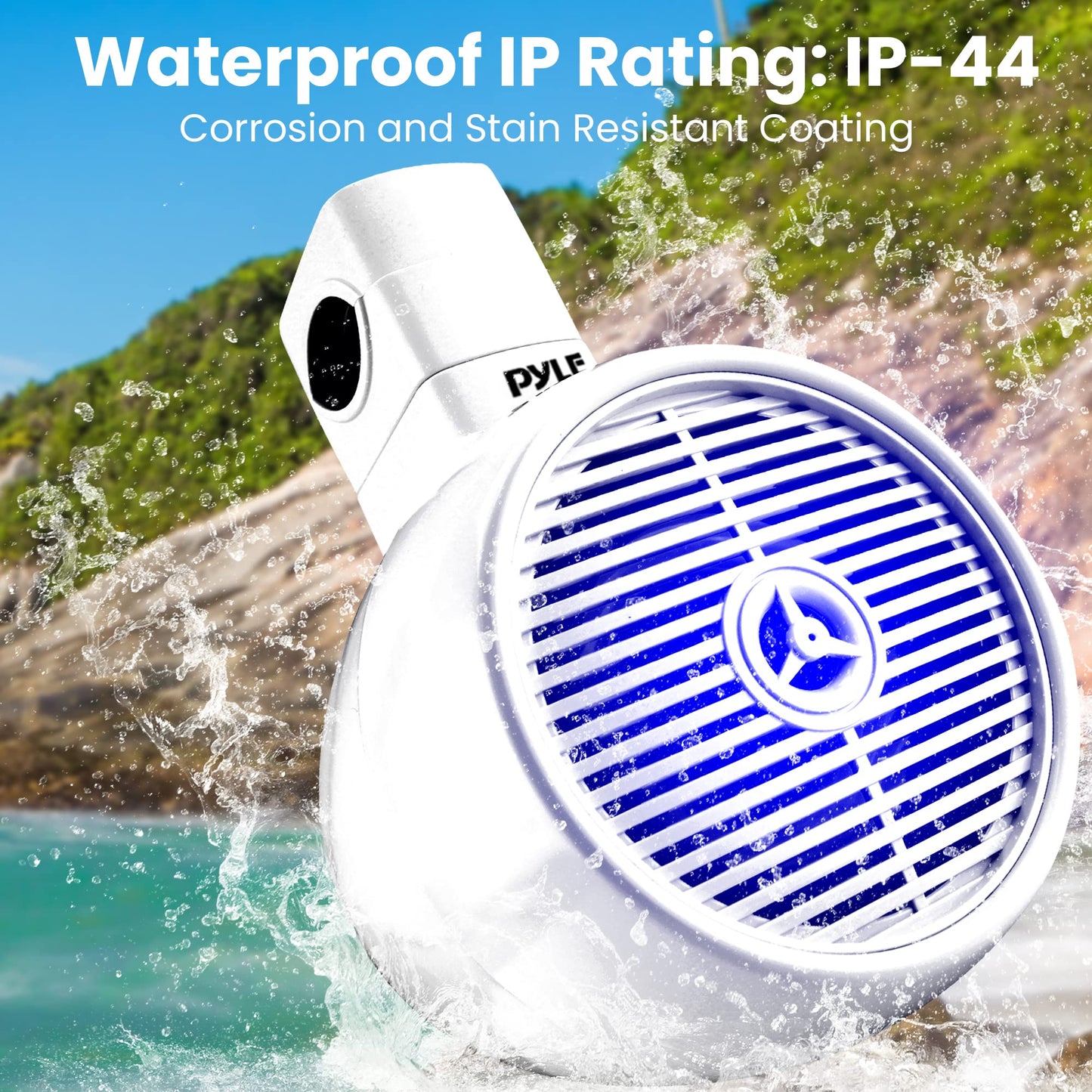 Pyle Bluetooth Waterproof Off-Road Speakers - 6.5” 200W 2-Way Marine Wakeboard Tower Sound System w/ LED Light, Full Range Outdoor Stereo Speaker for Car ATV UTV, Jeep, Boat, Includes Brackets (White)