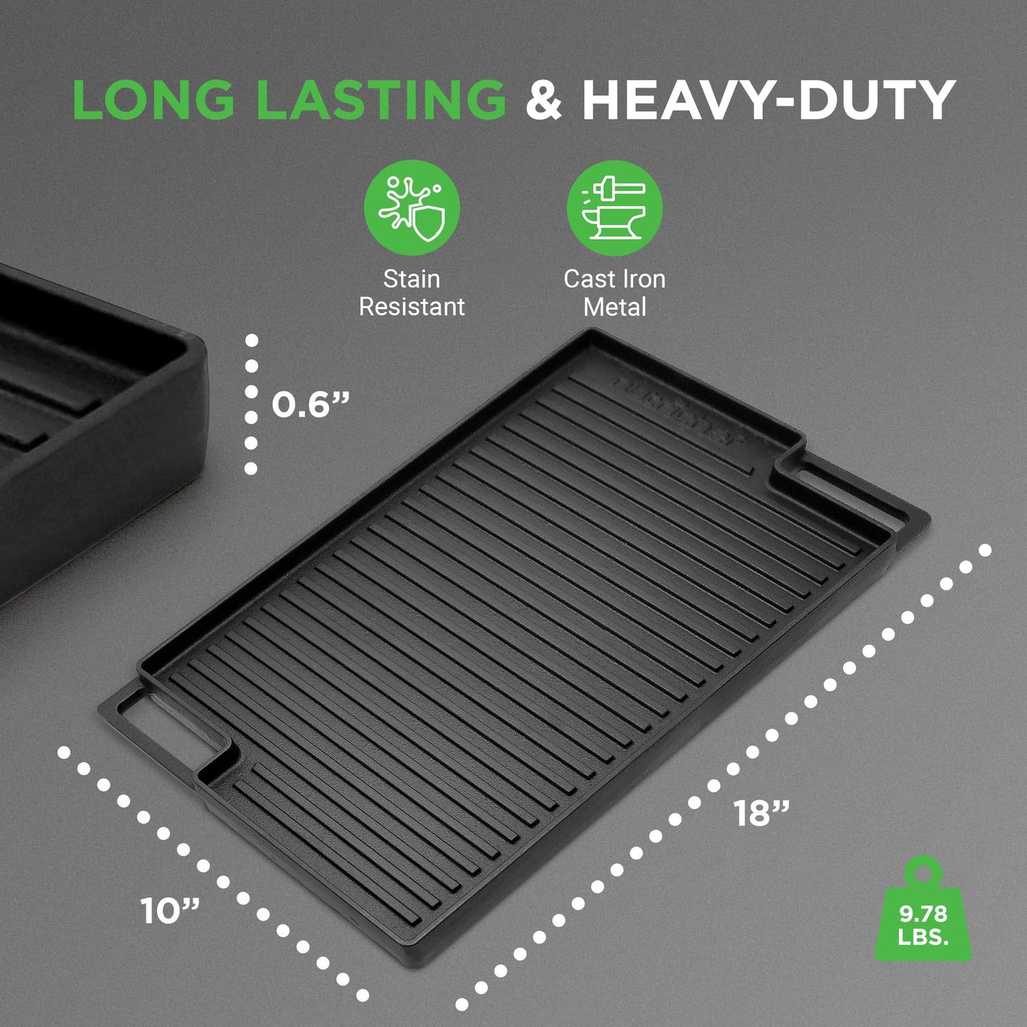 NutriChef Cast Iron Reversible Grill Plate – 18 Inch Flat & Ridged Skillet Griddle Pan, Fits Two Burners, for Gas, Electric, Ceramic Stovetops, with Silicone Oven Mitt