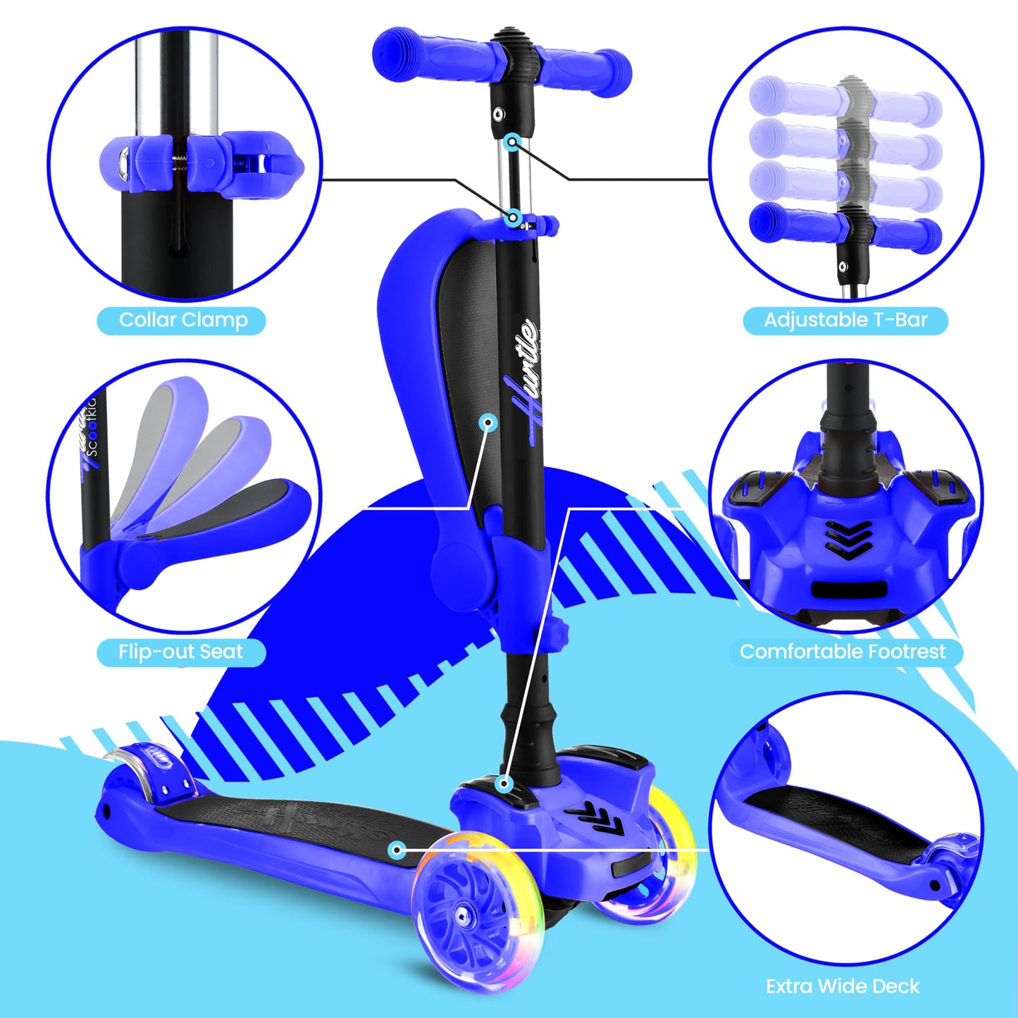 Hurtle 3-Wheeled Scooter for Kids - Wheel LED Lights, Adjustable Lean-to-Steer Handlebar, and Foldable Seat - Sit or Stand Ride with Brake for Boys and Girls Ages 1-14 Years Old - Blue