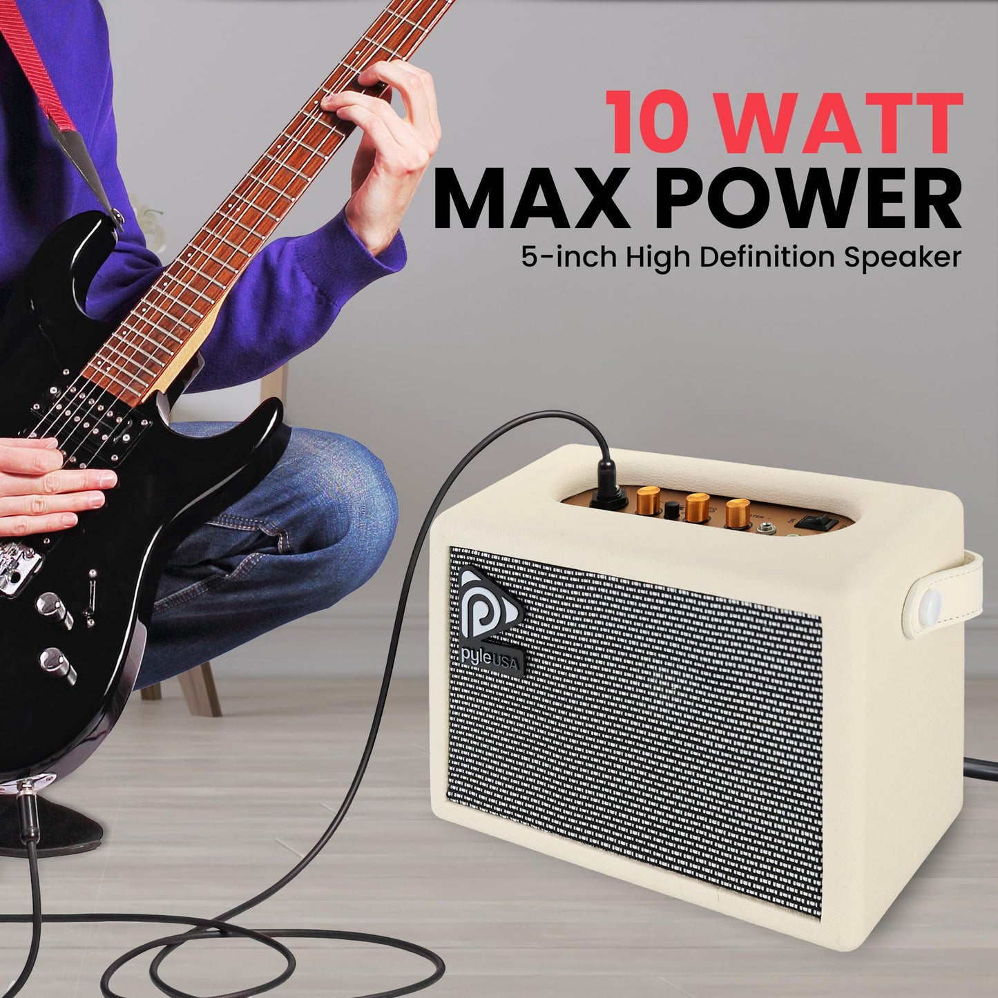 Pyle Portable Electronic Guitar Amplifier - 5'' High-Definition Speaker with Volume, Bass, and Treble Controls | Lightweight Plywood, Gold Plate, and Leather Coating for Enhanced Sound Quality