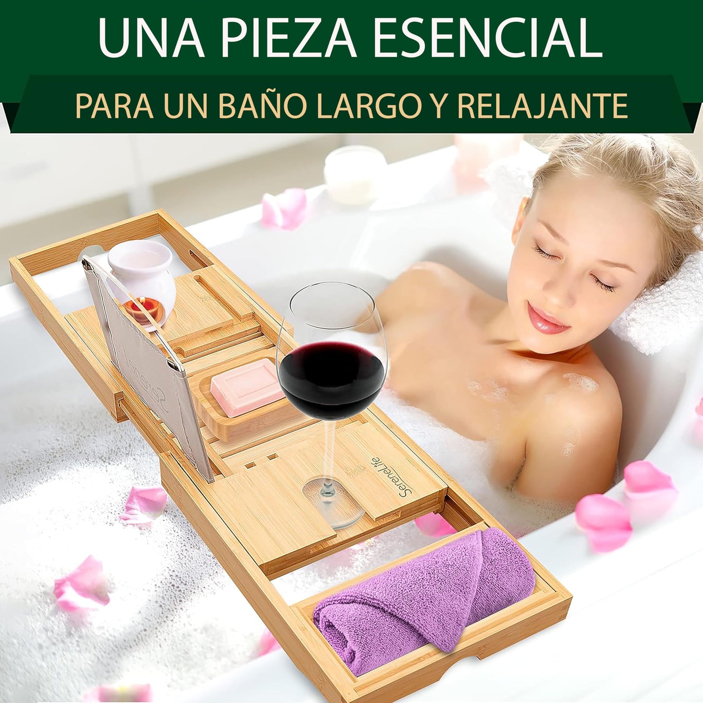 SereneLife Bamboo Bathtub Caddy with Luxury Gift Box and Red Gifting Ribbon Extendable & Adjustable Tray with Device/Book Holder with Removable Trays for Bath Accessories (Natural)