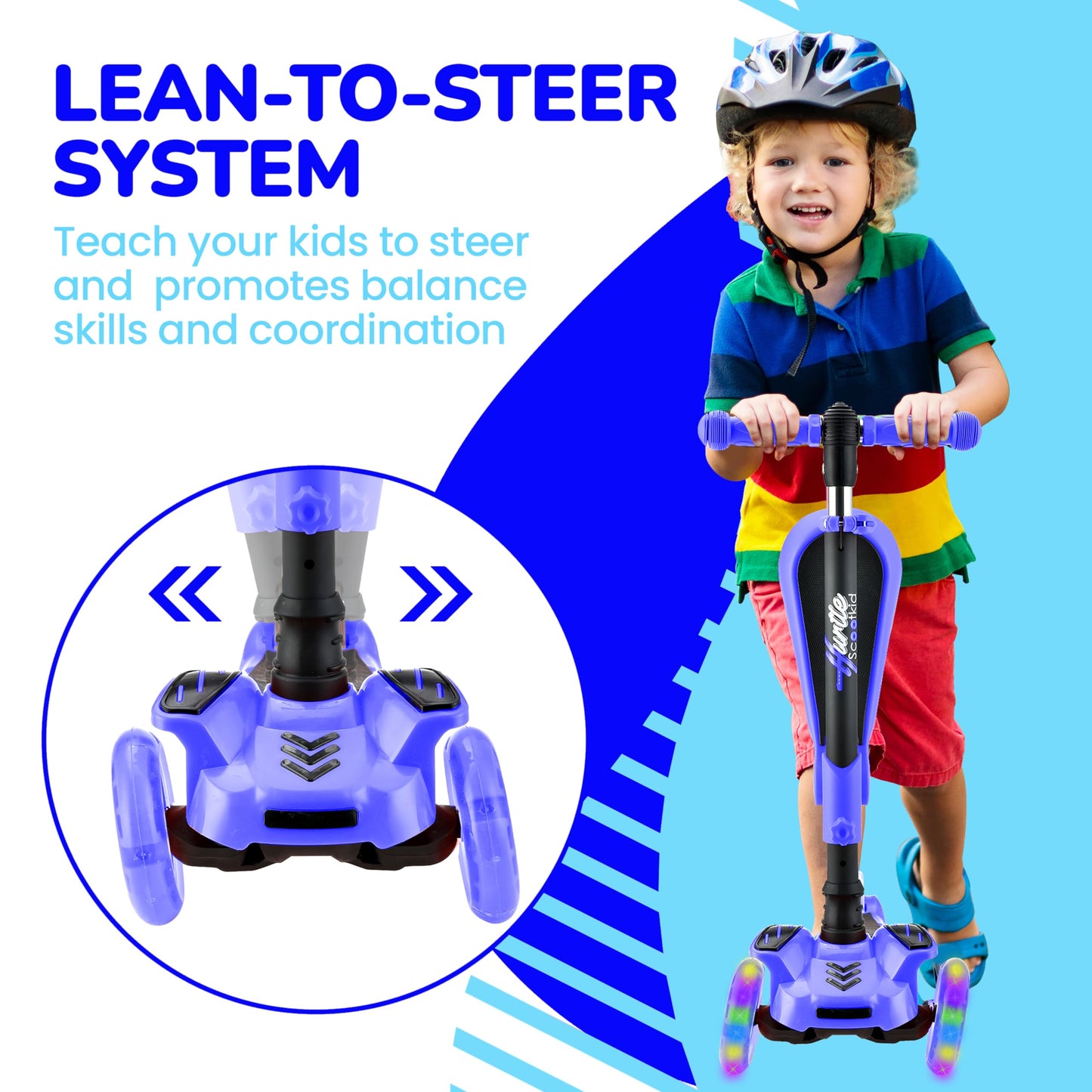 Hurtle 3-Wheeled Scooter for Kids - Wheel LED Lights, Adjustable Lean-to-Steer Handlebar, and Foldable Seat - Sit or Stand Ride with Brake for Boys and Girls Ages 1-14 Years Old - Blue