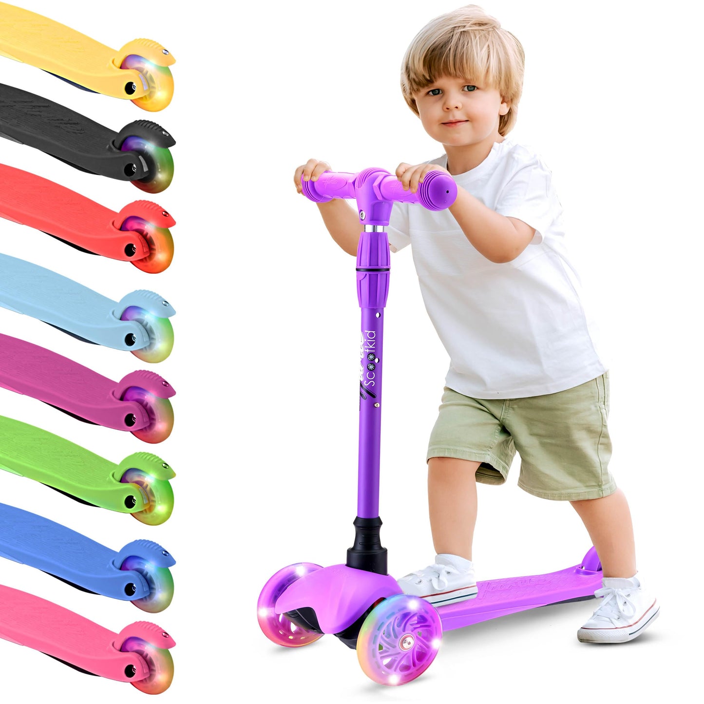 Hurtle Mini Kickboard Scooter for Kids – Height Adjustable 25-28 Inches, 3-Wheel Toddler Micro Scooter with LED Light-up Wheels, Lightweight Riding Toy, Non-Slip, Indoor/Outdoor Fun, Ages 2-5 (Red)