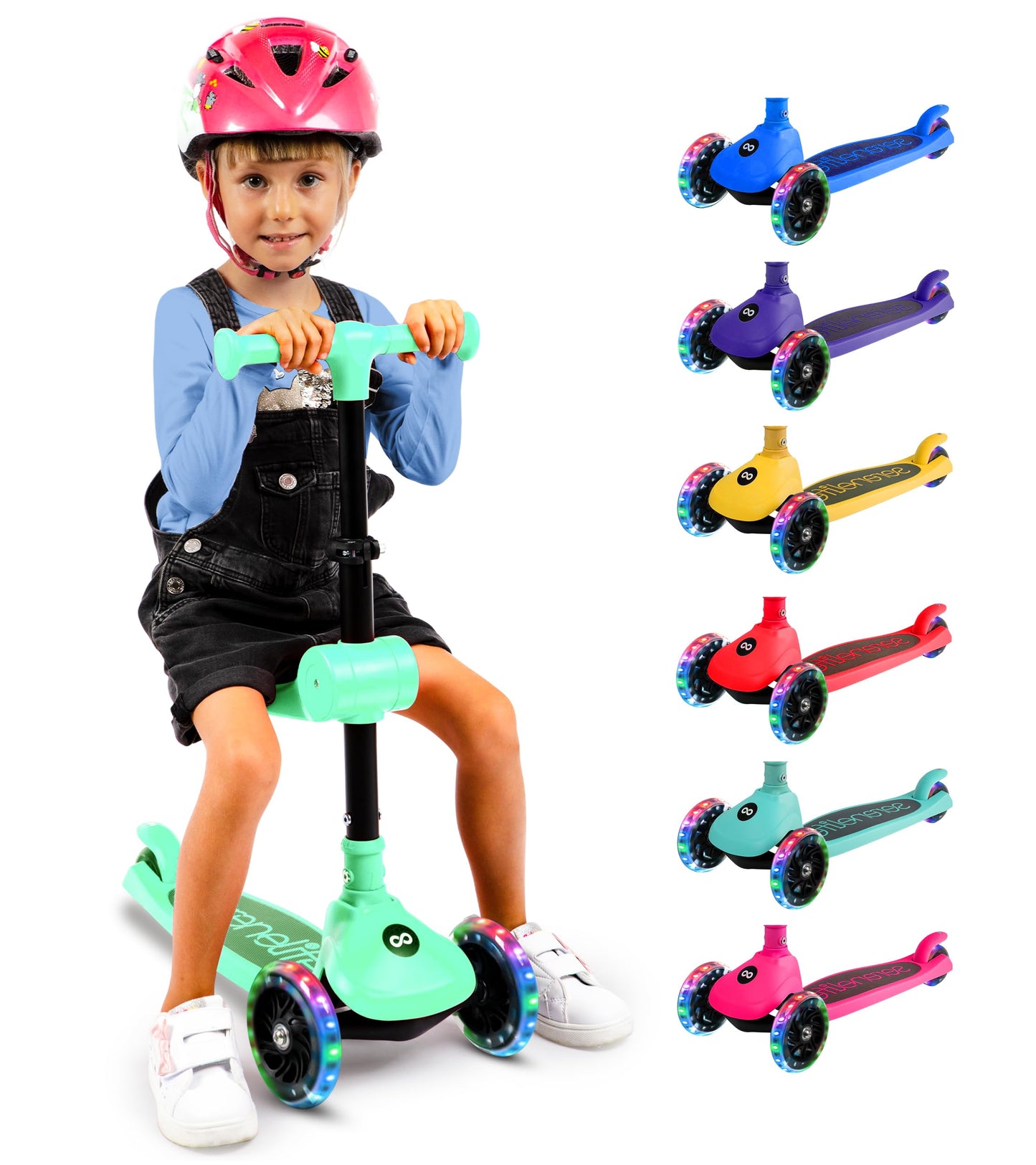 SereneLife 3 Wheel Foldable Kids Scooter - Foldable Seat, LED Wheel Lights, Adjustable Handlebar, Rear Foot Brake, Lean-to-Steer, Anti-Slip Deck, Ideal for Toddlers Kids 3+, up to 110Lbs, Mint Green