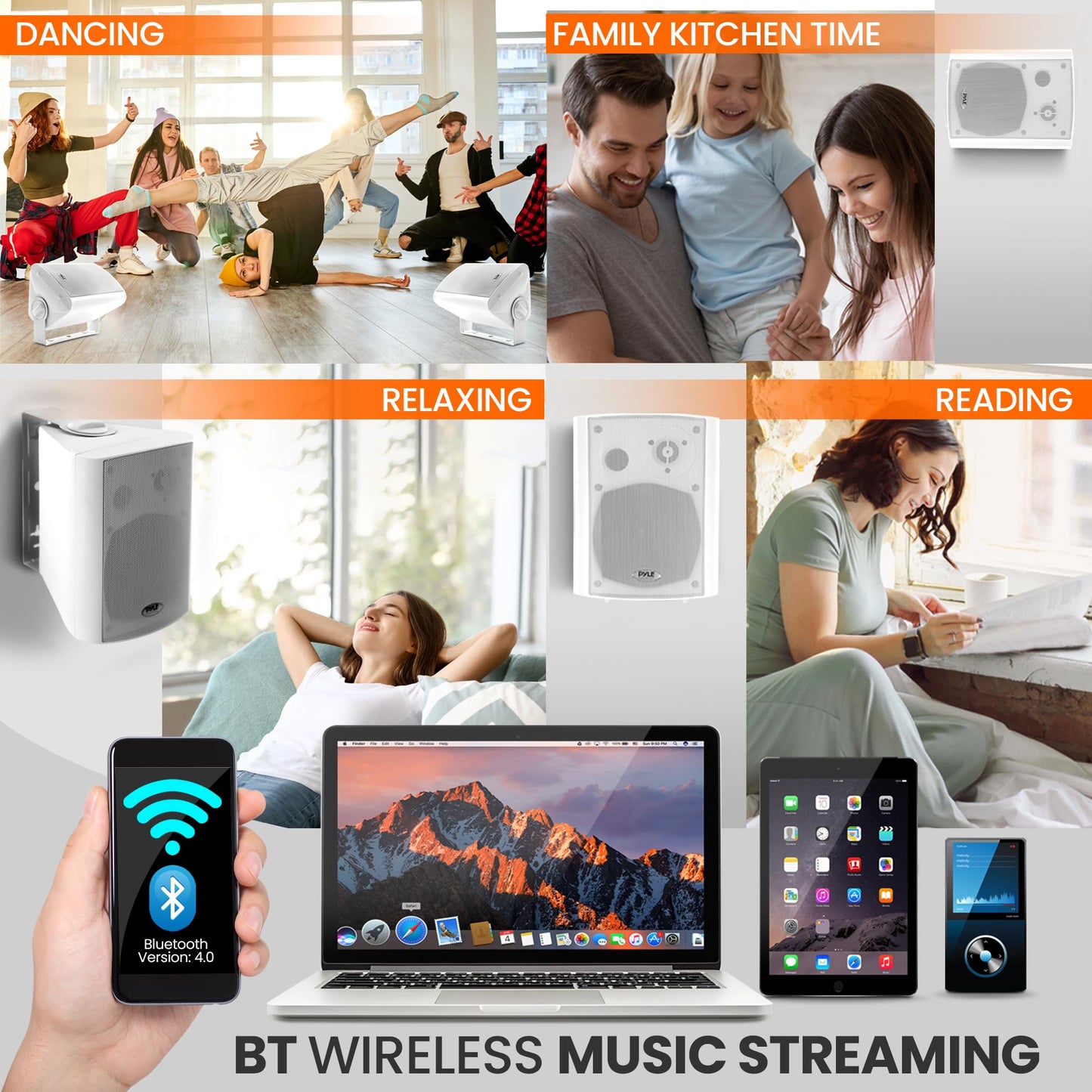 Pyle 6.5'' Wireless BT Streaming Speakers - Pro-Active, Wall Mountable, 100W MAX w/ 2-Way Full Range Stereo Sound Reproduction, Built-in Digital Sound Amplifier, Pair, Elegant White Color - PDWR69BTW