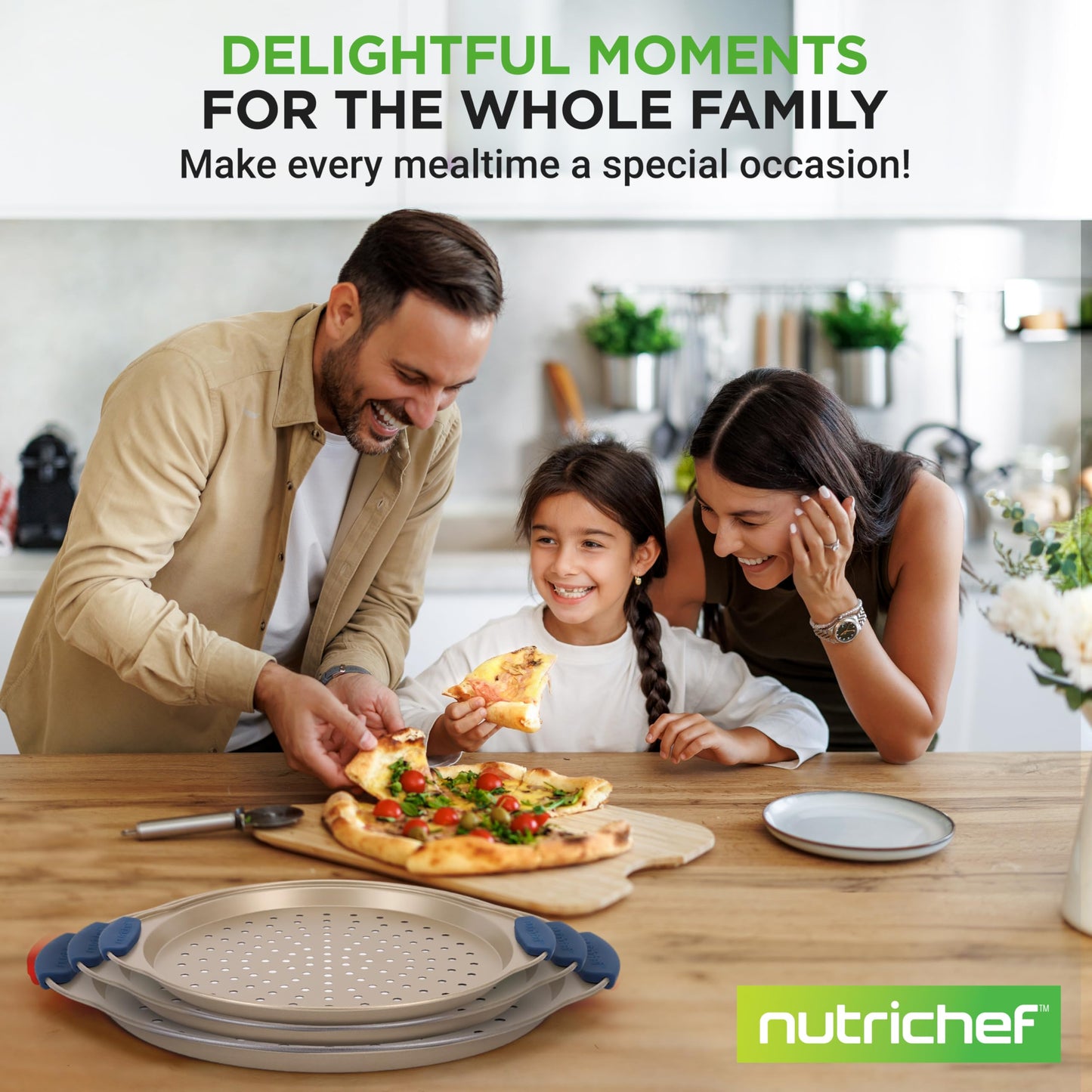 NutriChef 3-Piece Pizza Tray Set with Silicone Handles - Round Nonstick Pizza Pan with Perforated Holes, Durable Carbon Steel, Small, Medium, Large Sizes - Ideal for Crispy, Evenly Baked Pizzas (Gold)