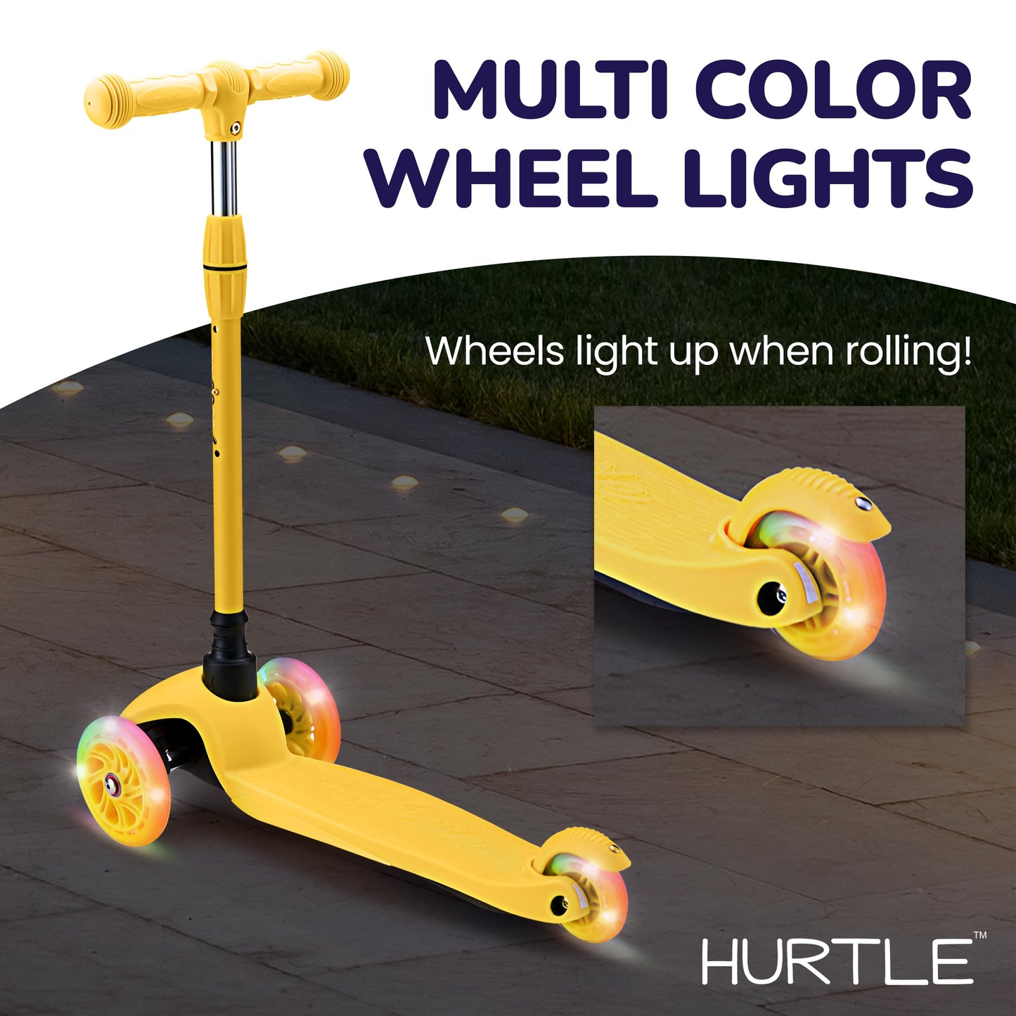 Hurtle Mini Kickboard Scooter for Kids - Height Adjustable 25''-28'', Lightweight 3-Wheel with LED Light-up Wheels, Anti-Slip,Indoor/Outdoor Fun, Micro Scooters for Ages 2-5 (Yellow)