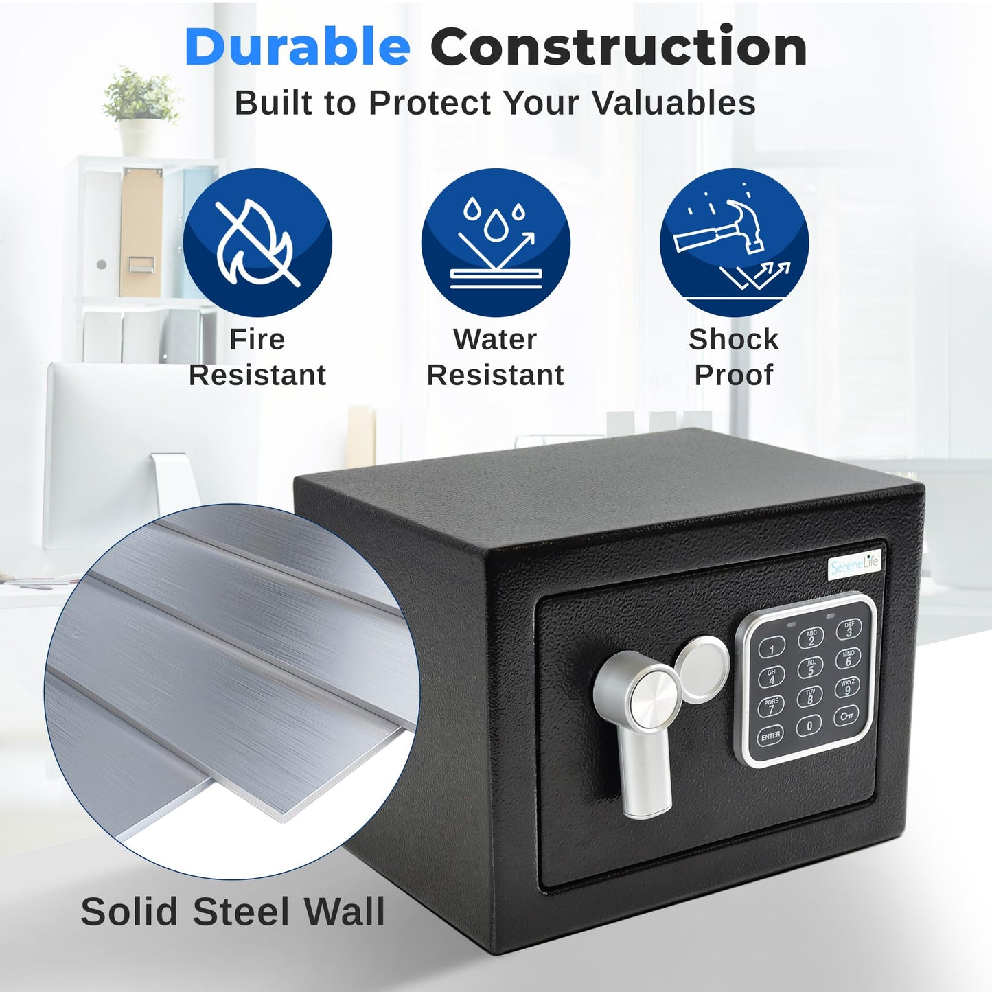 SereneLife Premium Steel Digital Safe Box - 9.1" x 6.7" x 6.7" | Secure Storage for Cash, Firearms, Jewelry & More | Great For Hotels, Cabinets & Home Use | Electronic & Mechanical Access - 2 Keys