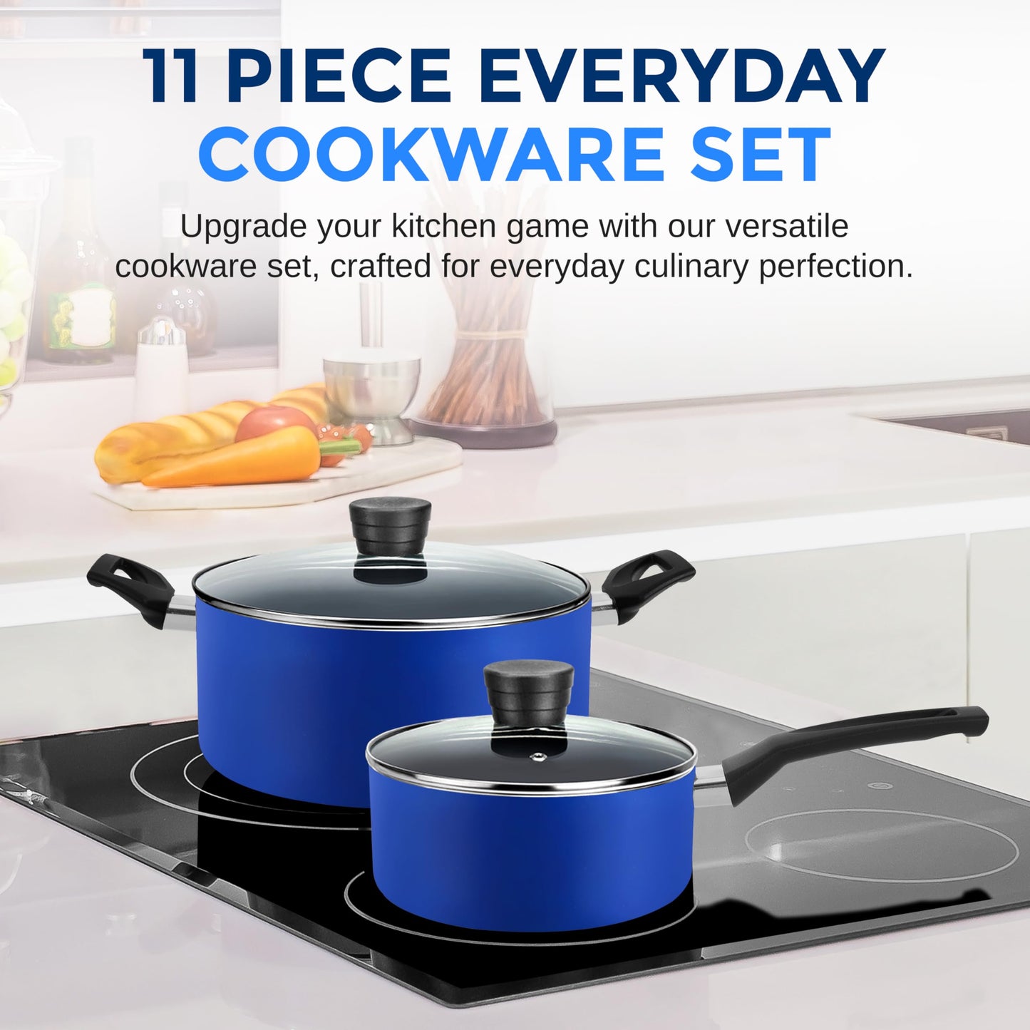 SereneLife Kitchenware Pots & Pans Basic Kitchen Cookware, Black Non-Stick Coating Inside, Heat Resistant Lacquer (11-Piece Set), One Size, Blue