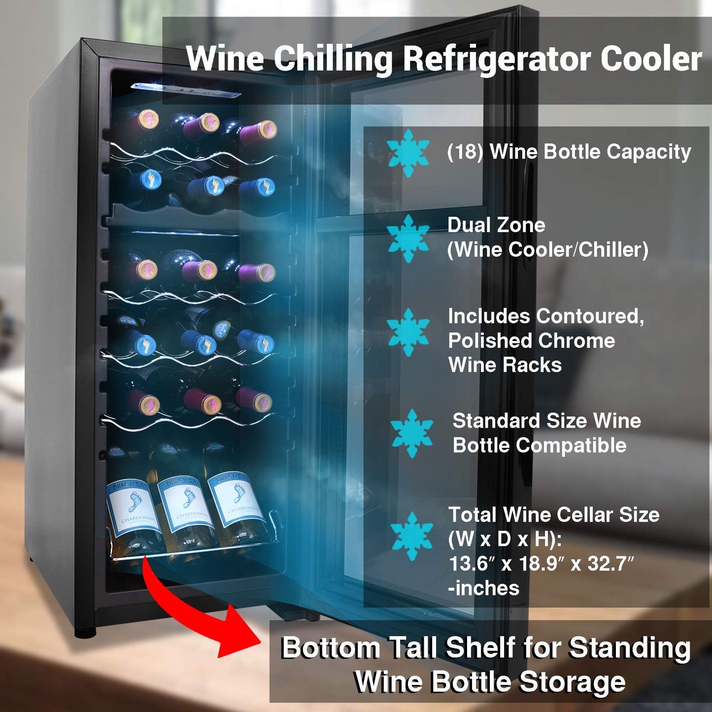 NutriChef PKCWCDS188 Freestanding Wine Fridge, 18 Bottle Dual Zone Beverage Cooler for Home & Office, 32x13x19 inches, Adjustable Temp 41-64F, Black