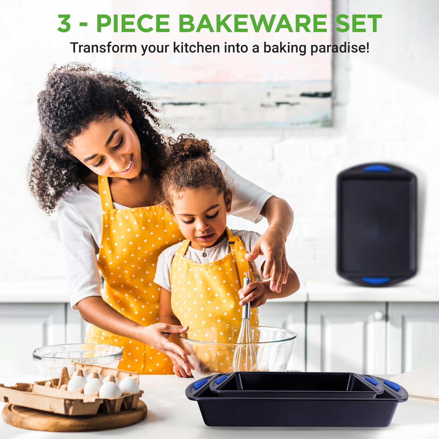 NutriChef 3-Piece Nonstick Cookie Sheets for Baking – Carbon Steel Stackable Bakeware Set w/ Silicone Handles - Non Toxic Baking Pan - Durable & Wrap Resistance, Oven Safe - Easy cleanup