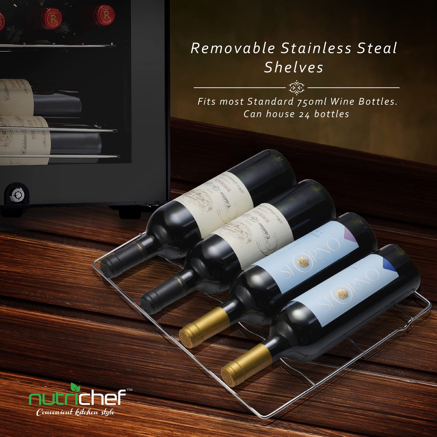 Nutrichef 24 Bottle Wine Fridge | Single Zone Wine Chiller | Adjustable Temperature Control 41°F to 64°F | Ultra Quiet Operation | Wine Cooler For Home & Office | Free Standing 29x16x17 IN