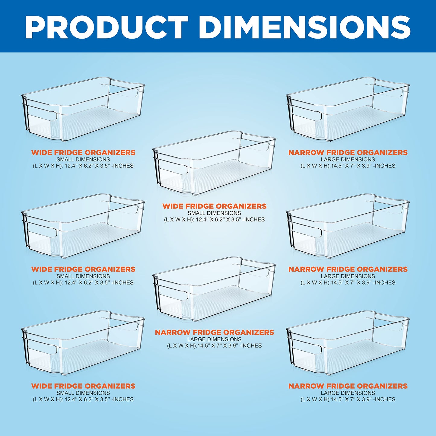 NutriChef 8-Piece Clear Refrigerator Organizer Bins – BPA-Free Fridge, Freezer, Pantry, Cabinet Storage Set (4 Wide & 4 Narrow Bins)