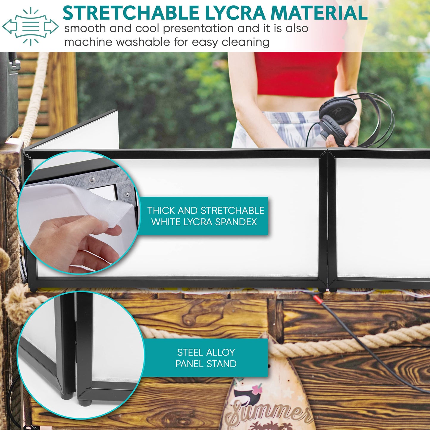 Pyle DJ Booth Foldable Cover Screen - Portable 5.6 ft Tabletop Event Facade Front Board Video Light Projector Display Scrim Panel -Folding Steel Frame Panel Stand, Stretchable Lycra Spandex PDJFAC02