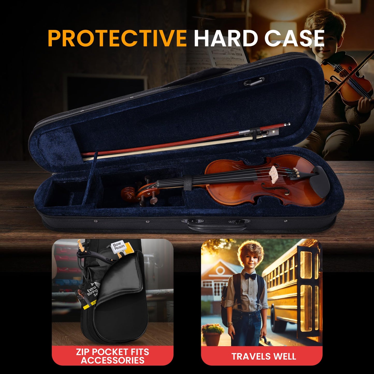 Pyle 3/4 Size Beginner Violin Starter Kit, Violin Starter Package with Travel Case & Bow, Extra Strings, Digital Tuner, Shoulder Rest & Cleaning Cloth for Students, Kids, Adults