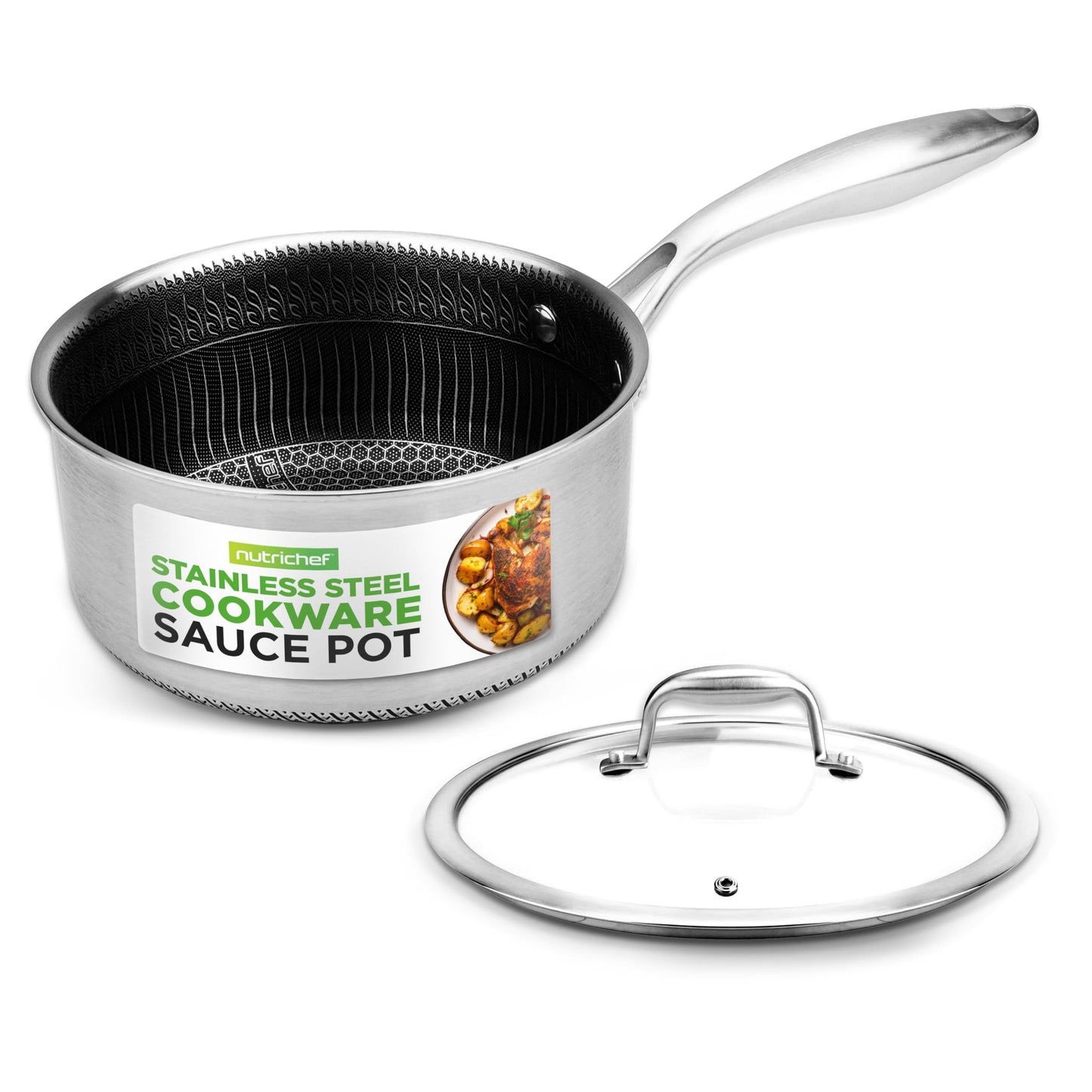 NutriChef 2 QT Stainless Steel Sauce Pot - Triply Kitchenware Sauce Pot with Glass Lid - DAKIN Etching Non-Stick Coating, Scratch-resistant Raised-up Honeycomb Fire Textured Pattern - NutriChef NC3PSP