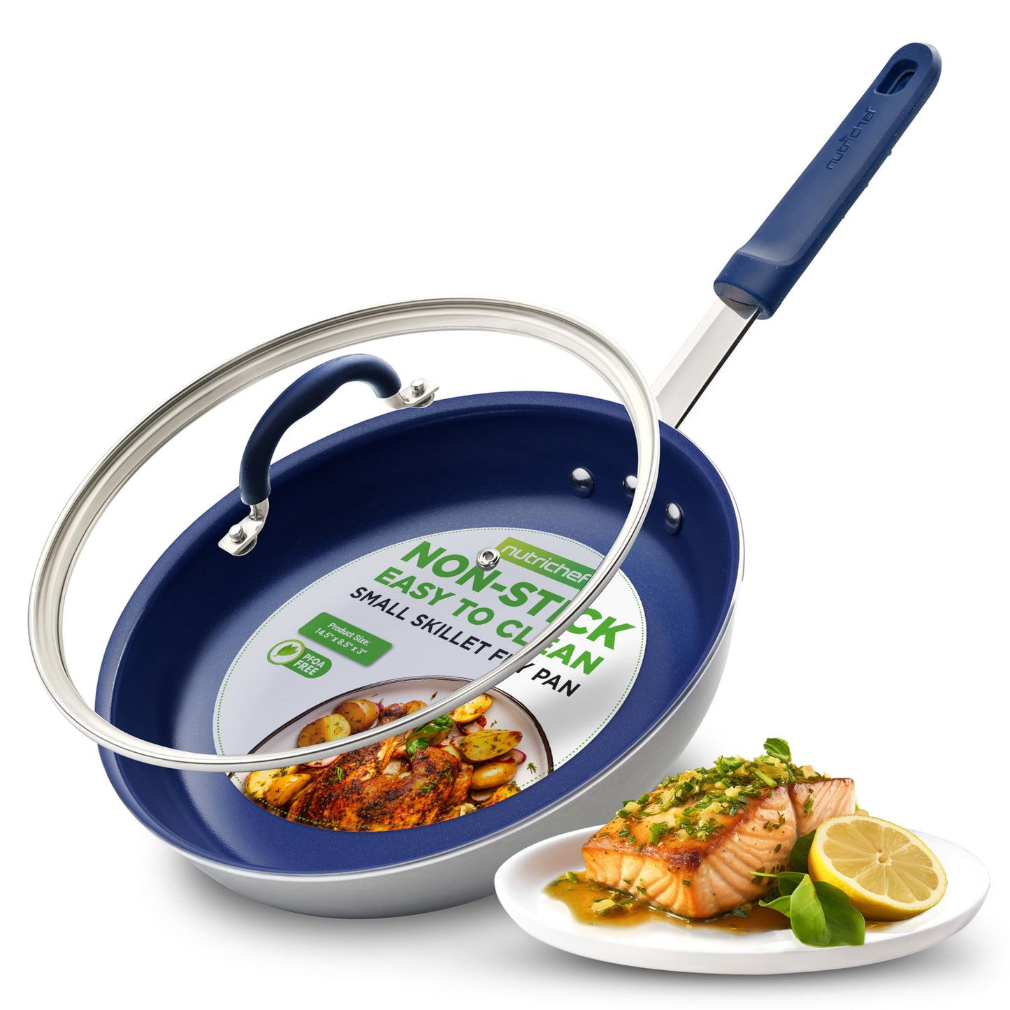 NutriChef 8" Fry Pan With Lid - Small Skillet Nonstick Frying Pan With Lid, Silicone Handle, Ceramic Coating, Blue Silicone Handle, Stain-Resistant And Easy To Clean, Professional Home Cookware