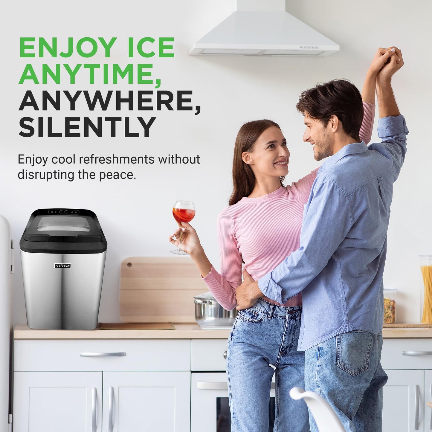 NutriChef Countertop Nugget Ice Maker Machine - Electric Nugget Ice Maker Countertop with Ice Scoop and Basket, Includes Rear-Mounted Hose Drainage, Compact, Convenient, and Incredibly Fast - NCICNUG