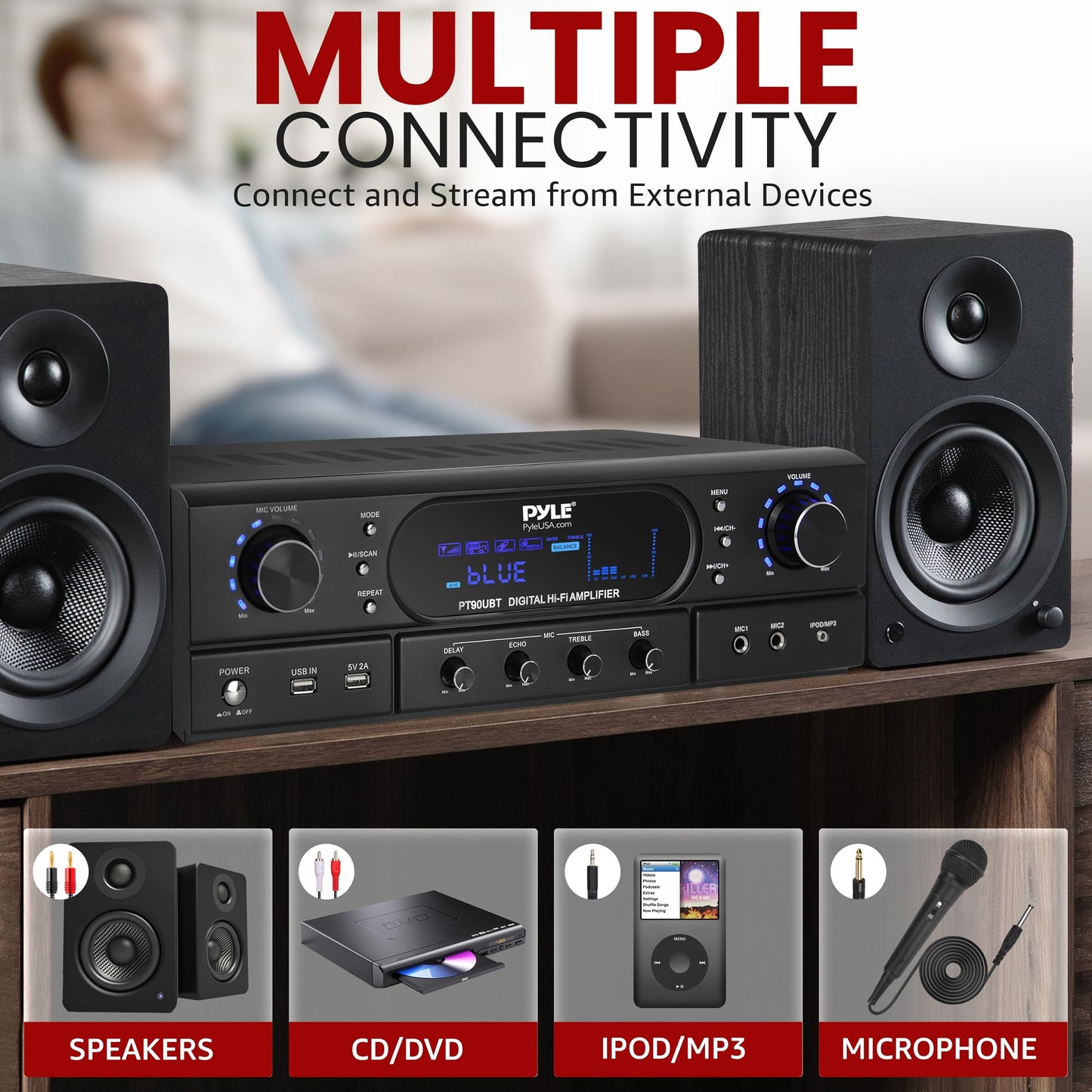 Pyle 500W 2-Channel Home Theater Amplifier Receiver - Bluetooth 5.3 - Wireless - MP3/USB/FM - 2 Mic Inputs with Echo/ Bass/ Treble Controls - RCA In/Out - for Streaming & Karaoke - PT90UBT