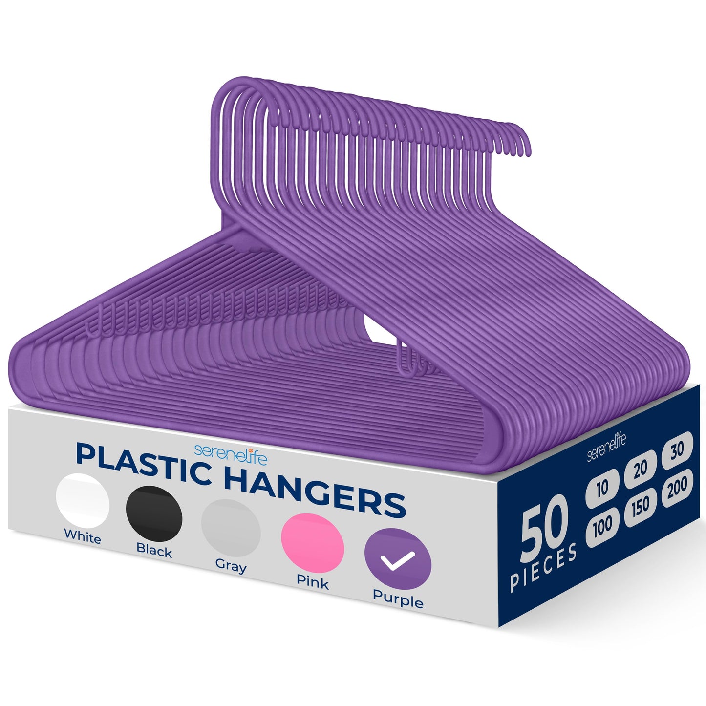 SereneLife 50 Pack Plastic Hangers, Non-Slip, Space-Saving Closet Organizers, Durable and Strong for Shirts, Sweaters, Hoodies, Kids Clothes & Dresses, Ultra-Thin, Lightweight