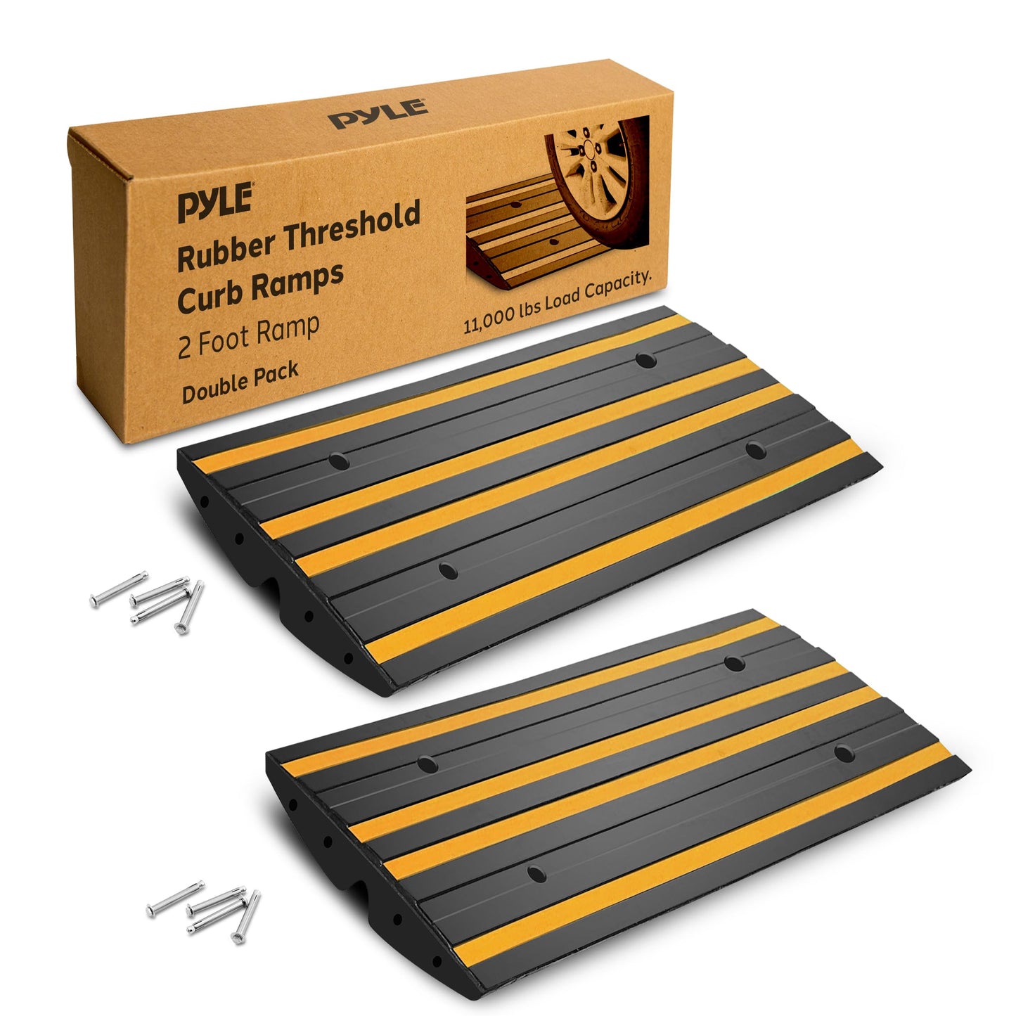 Pyle 2 Ft. Rubber Threshold Curb-Side Ramp - Yellow Reflective Lighting Strip, Pack of 2 Non-Slip Driveway Ramps for Vehicles and Wheelchairs 24.0’’x 16.0’’ x 2.6’’ inches, Expansion Screws Included