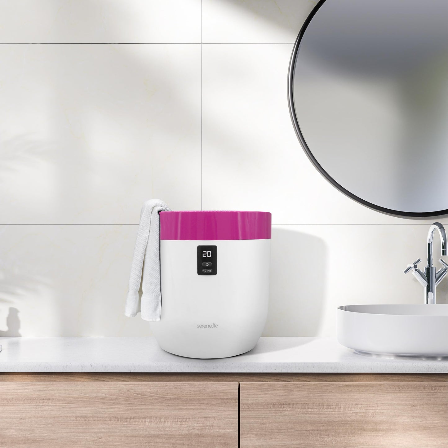 SereneLife Counter Towel Warmer Bucket - with Customized Fragrance for Spa and Bathroom, Luxury Heater, Auto Shut Off, Fits 1 Large Blanket, Bathrobe, PJs (Pink)