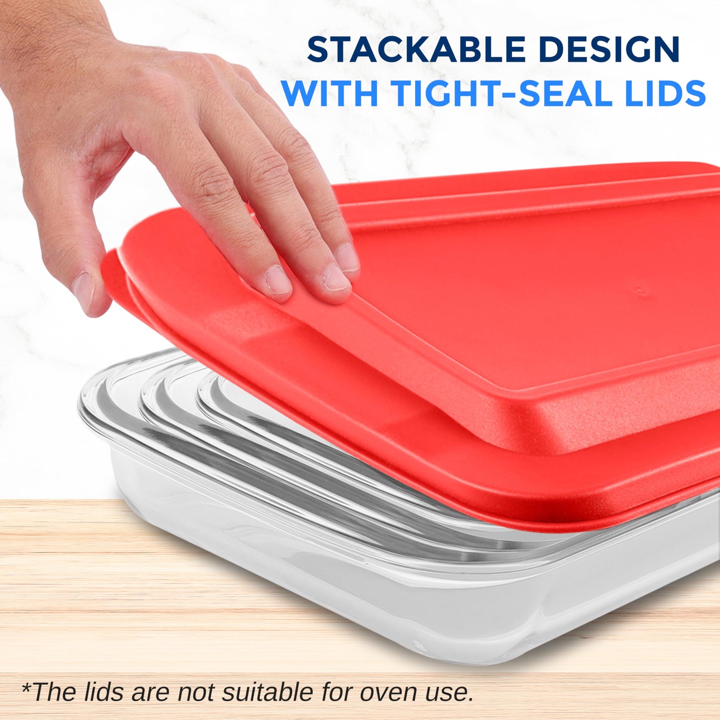 SereneLife 8-Piece Glass Baking Dish with Lids Set - ( 4 Heavy Duty Rectangular Glass Baking Pan with 4 BPA-Free Lids ), Oven-Safe Bakeware for Lasagna, Meats, Desserts - Dishwasher Safe, Red