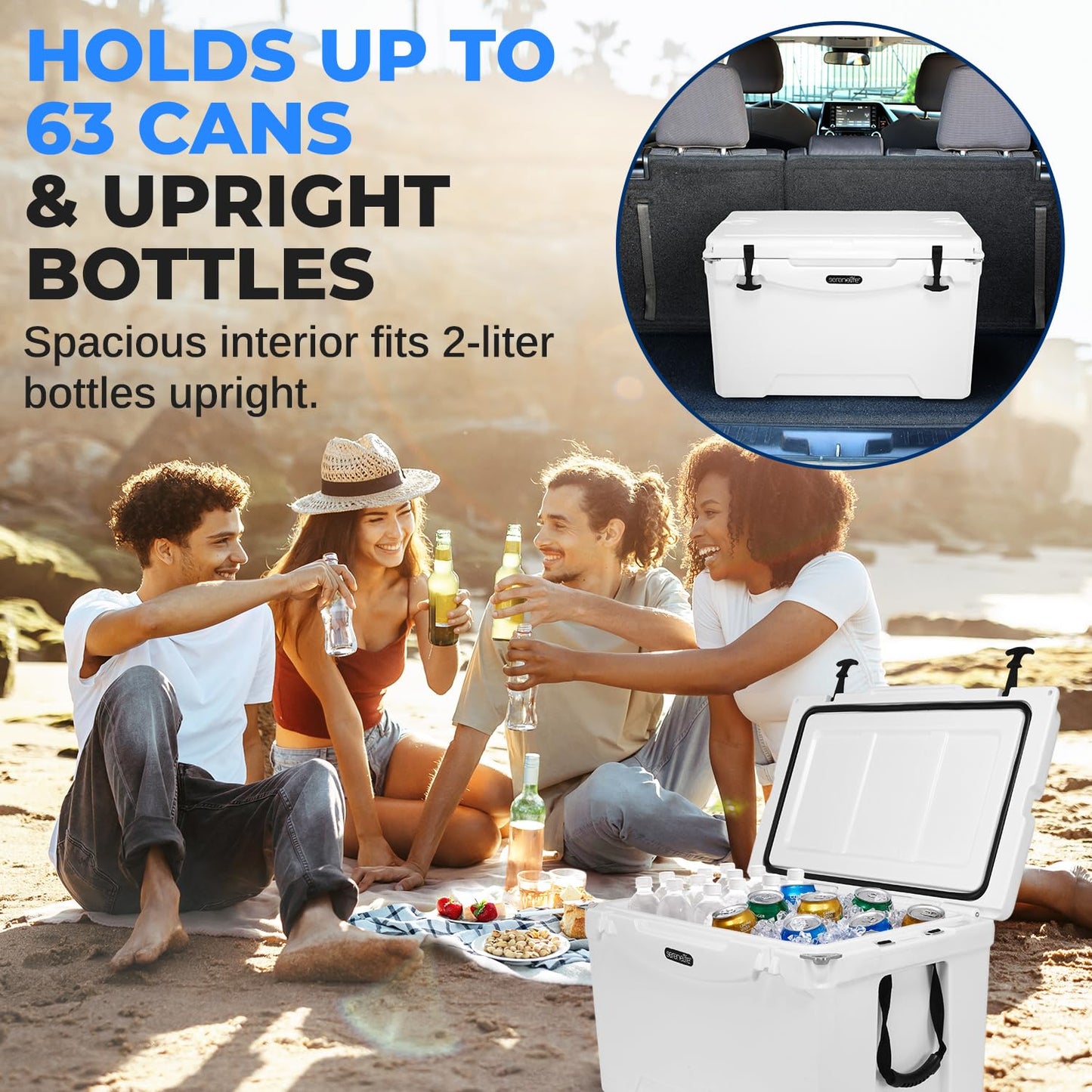 SereneLife 75-Quart Heavy-Duty Portable Cooler Box – Holds 63 Cans, 2L Bottles Upright – 5-Day Ice Retention – Rugged Ice Chest for Camping, Tailgating, Fishing, Beach & Outdoor Use (White)