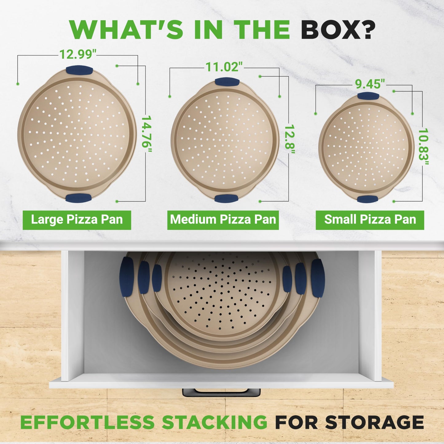 NutriChef 3-Piece Pizza Tray Set with Silicone Handles - Round Nonstick Pizza Pan with Perforated Holes, Durable Carbon Steel, Small, Medium, Large Sizes - Ideal for Crispy, Evenly Baked Pizzas (Gold)