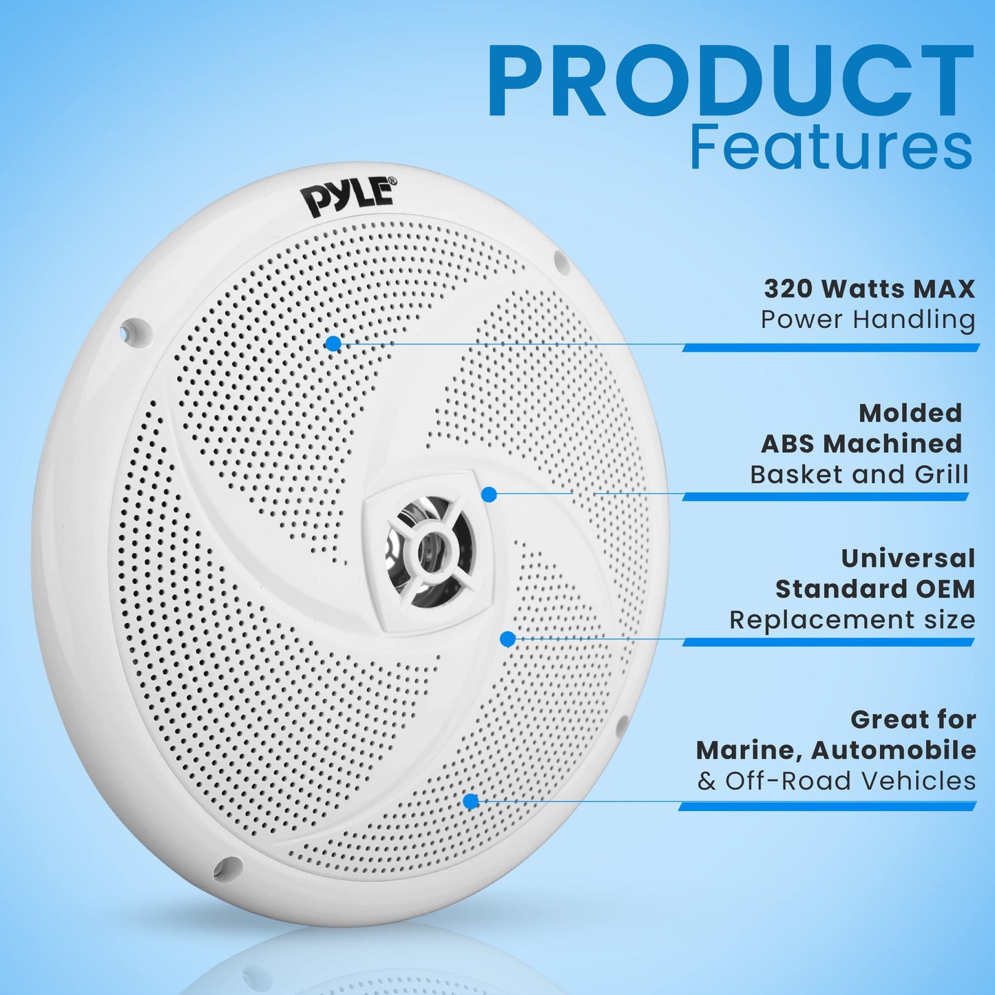 PyleUsa 8” Marine Vehicle Speakers Dual 2-Way 320W 4 Ohm Low Profile Waterproof Car Component Speaker System, 8 Oz Magnet, Voice Coil, for Custom Audio Boat, Truck, Watercraft, Mobile,Off-Road (White)