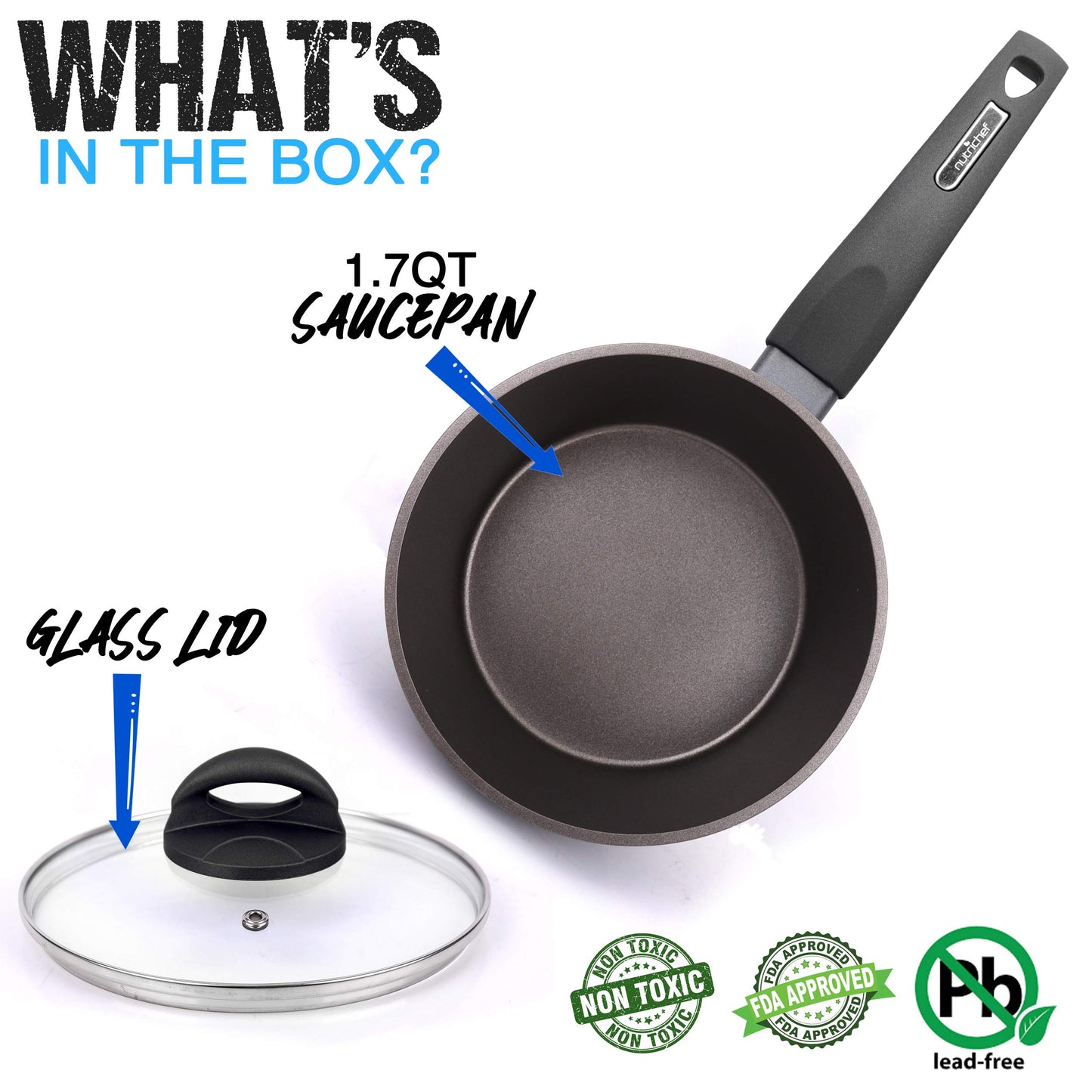 NutriChef Replacement Part-Saucepan Pot with Lid, 1.7 Quart, small, BLACK