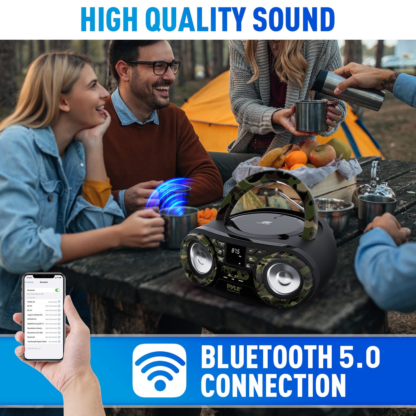 PYLE CD PLAYER PORTABLE, CD PLAYERS FOR HOME, PORTABLE CD PLAYER - 50 Watts Max Power, Bluetooth 5.0, AM/FM Stereo Radio, USB/AUX Input, Battery/AC Powered, Camouflage Design, Includes AC/DC Cord