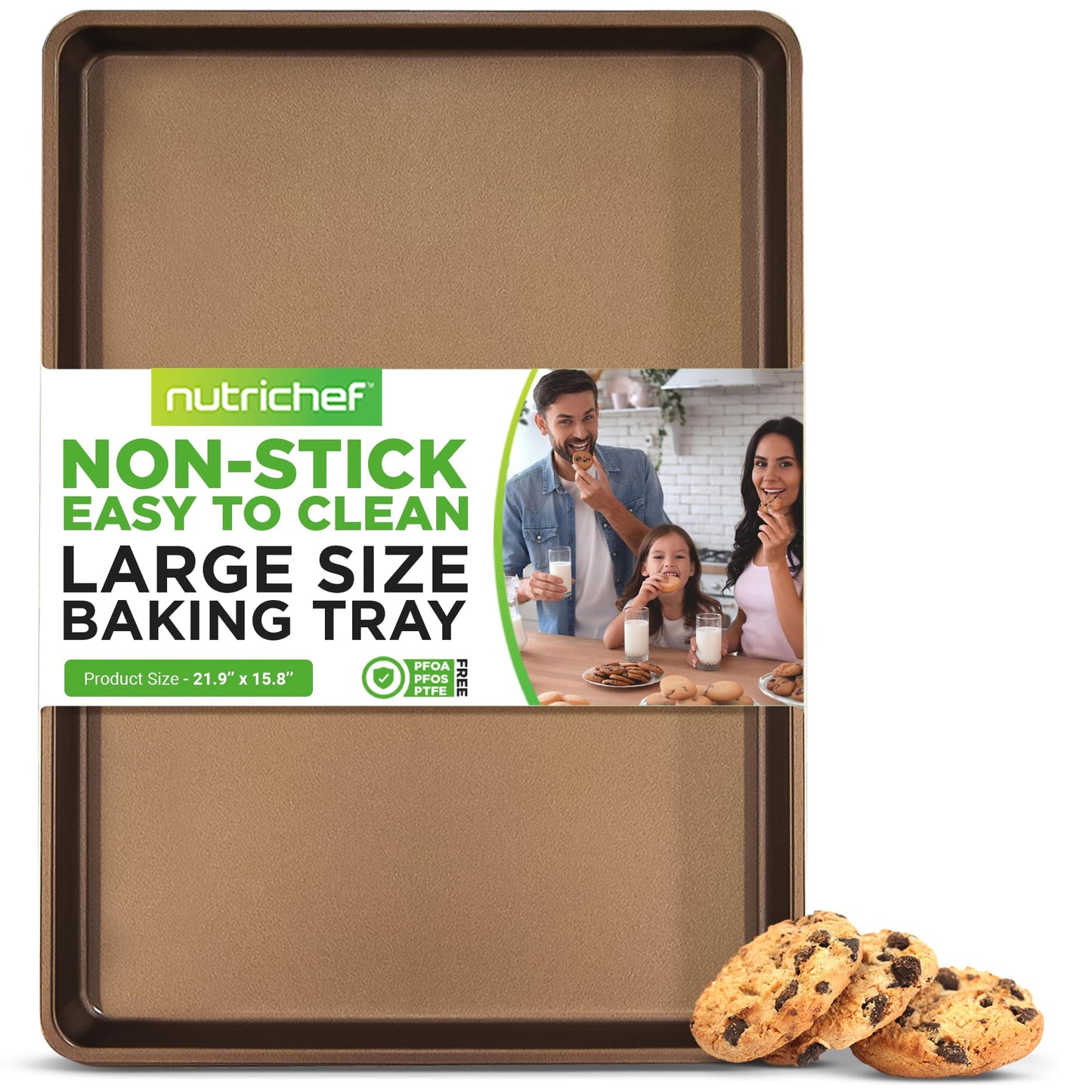 NutriChef Nonstick XL Cookie Sheet Baking Pan, Extra Large 22 Inch x 16 Inch, Carbon Steel Oven Baking Sheet for Cookies & Pastries, Gold - NCLG1GD