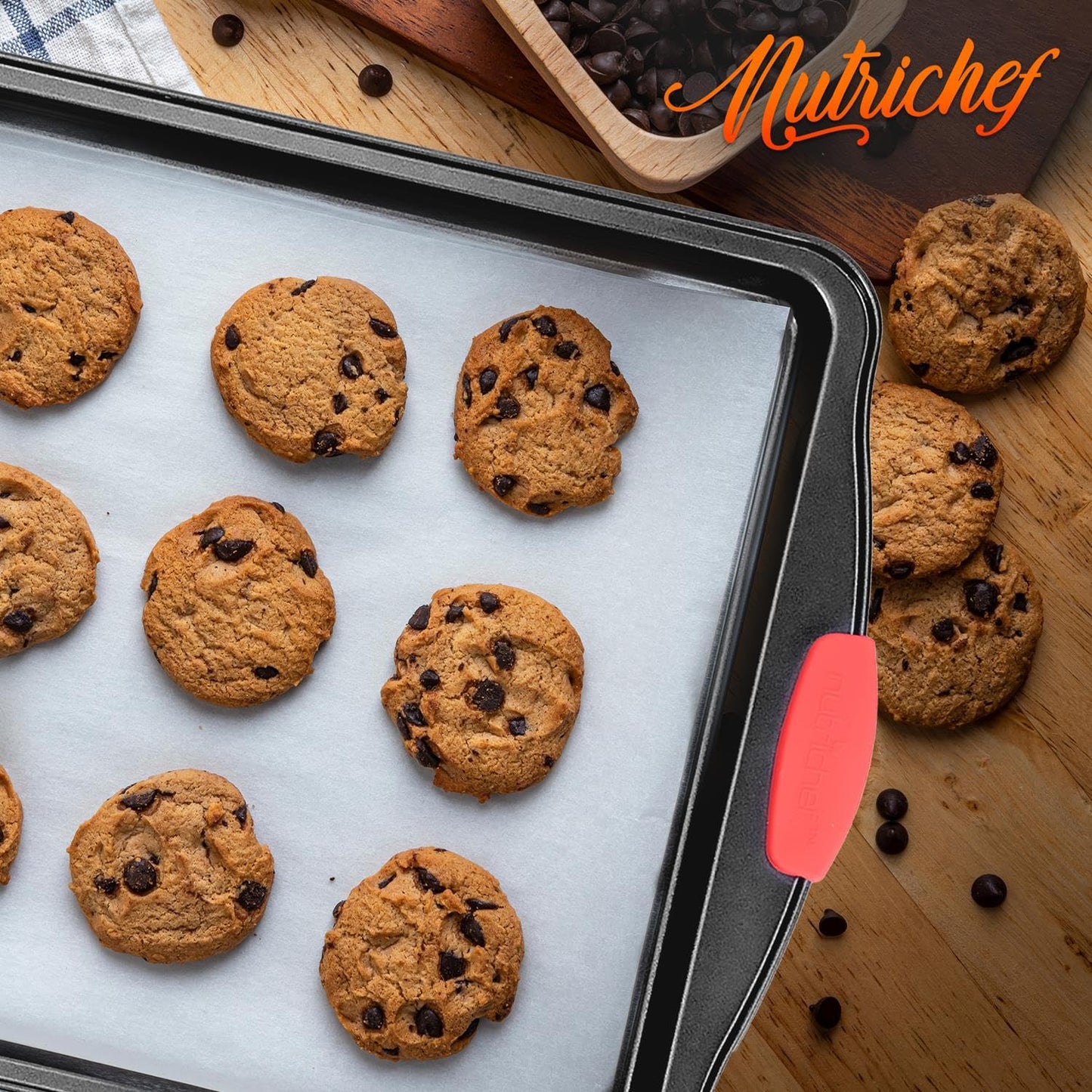 NutriChef Large Nonstick Cookie Sheet for Baking - 17" x 11" Carbon Steel Kitchen Oven Baking Pan, Premium Restaurant Grade Bakeware w/Red Silicone Handles - Easy to Clean, Black