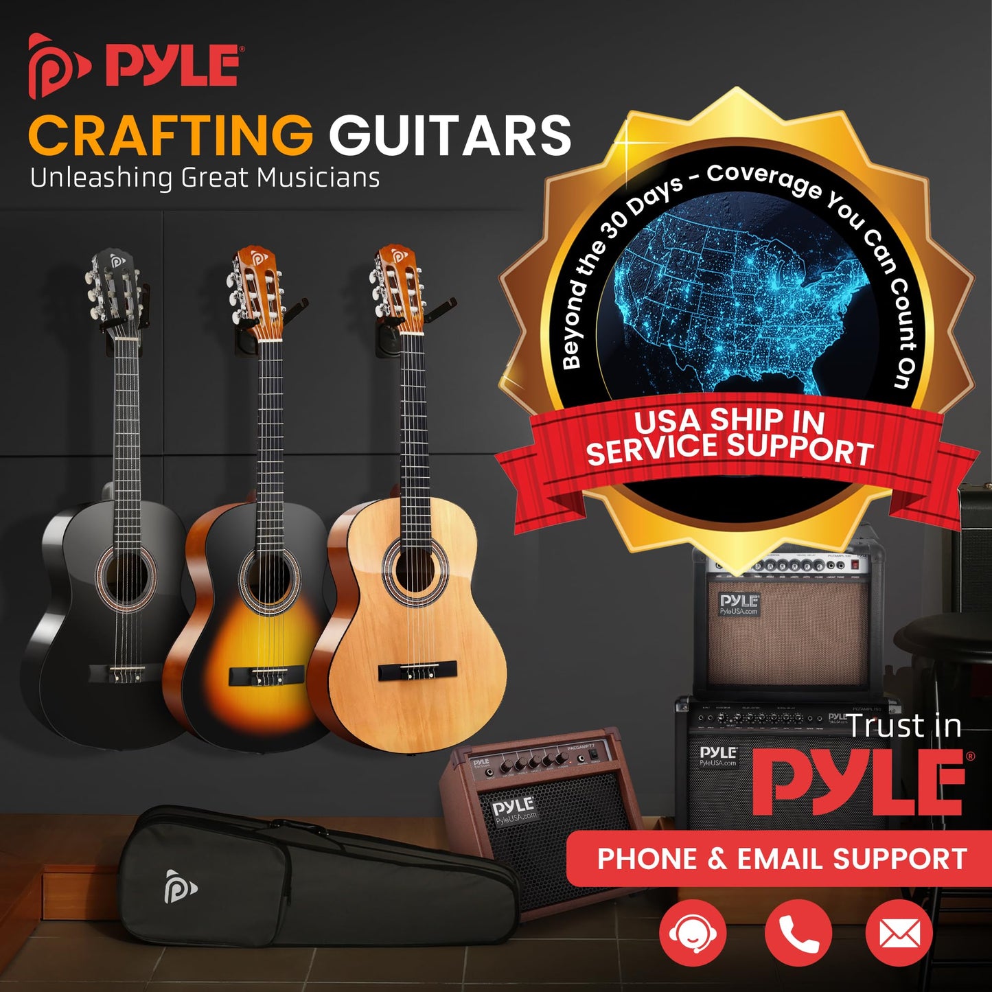 Pyle Beginner Acoustic Guitar Kit, 1/2 Junior Size All Wood Instrument for Kids, Adults, 34" Black Matte