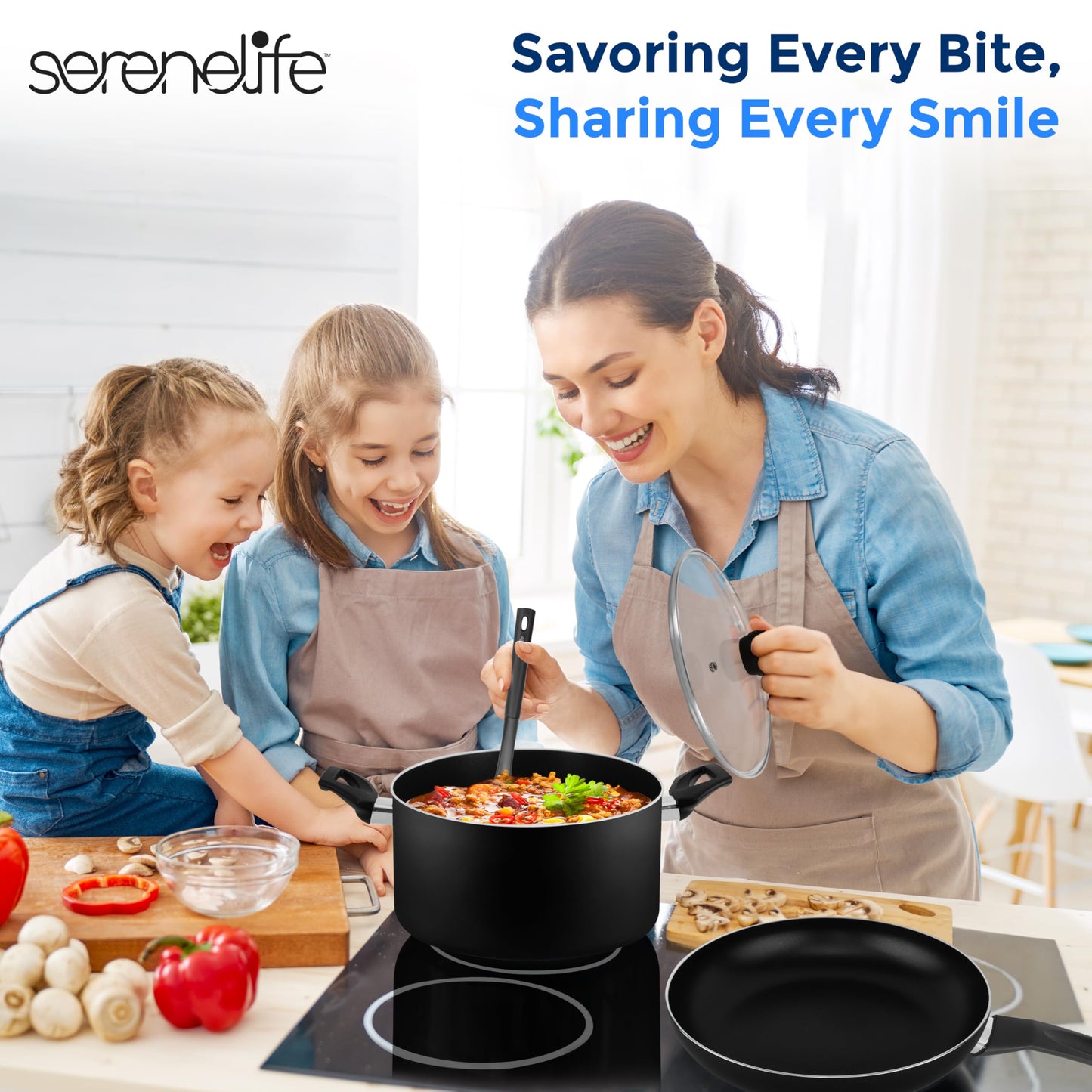 SereneLife Kitchenware Pots & Pans Basic Kitchen Cookware, Black Non-Stick Coating Inside, Heat Resistant Lacquer (15-Piece Set), One Size
