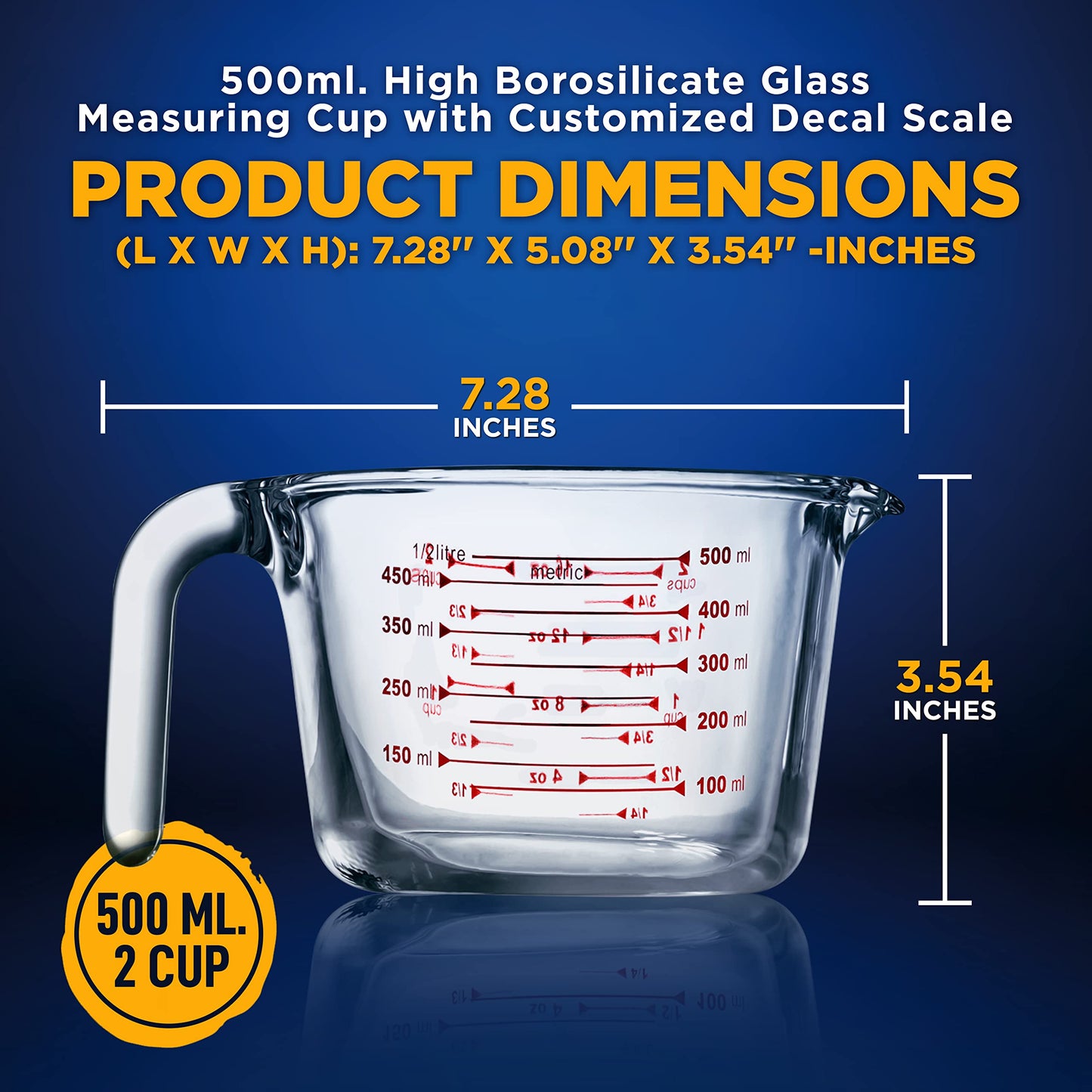 NutriChef High Borosilicate Glass Measuring Cup with Customized Decal Scale, 500 ml, Safe to Use in Microwave and Freezer, Oven and Dishwasher Safe