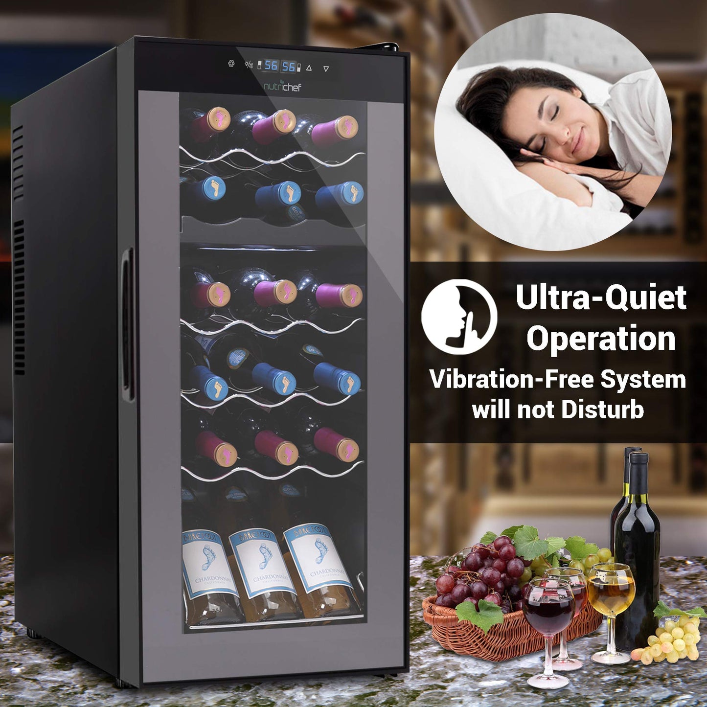 NutriChef PKCWCDS188 Freestanding Wine Fridge, 18 Bottle Dual Zone Beverage Cooler for Home & Office, 32x13x19 inches, Adjustable Temp 41-64F, Black