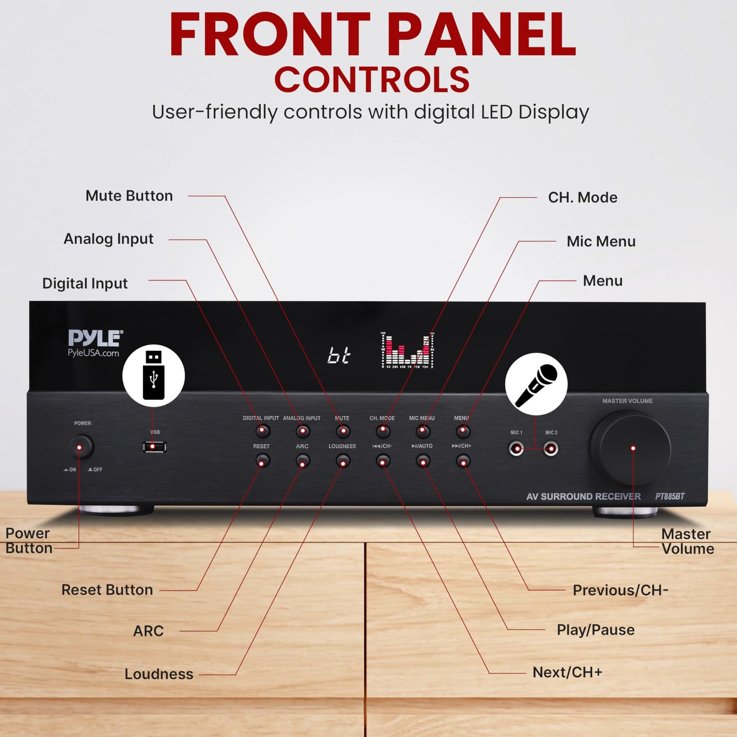 Pyle Hi-Fi Wireless Bluetooth 5.0 Home Theater Receiver - 7.2 Channel Surround Sound Stereo Amp with ARC Support - MP3/USB/DAC/FM Radio - 1200W PMPO - HDMI - Remote Control - for Home Audio - PT885BT