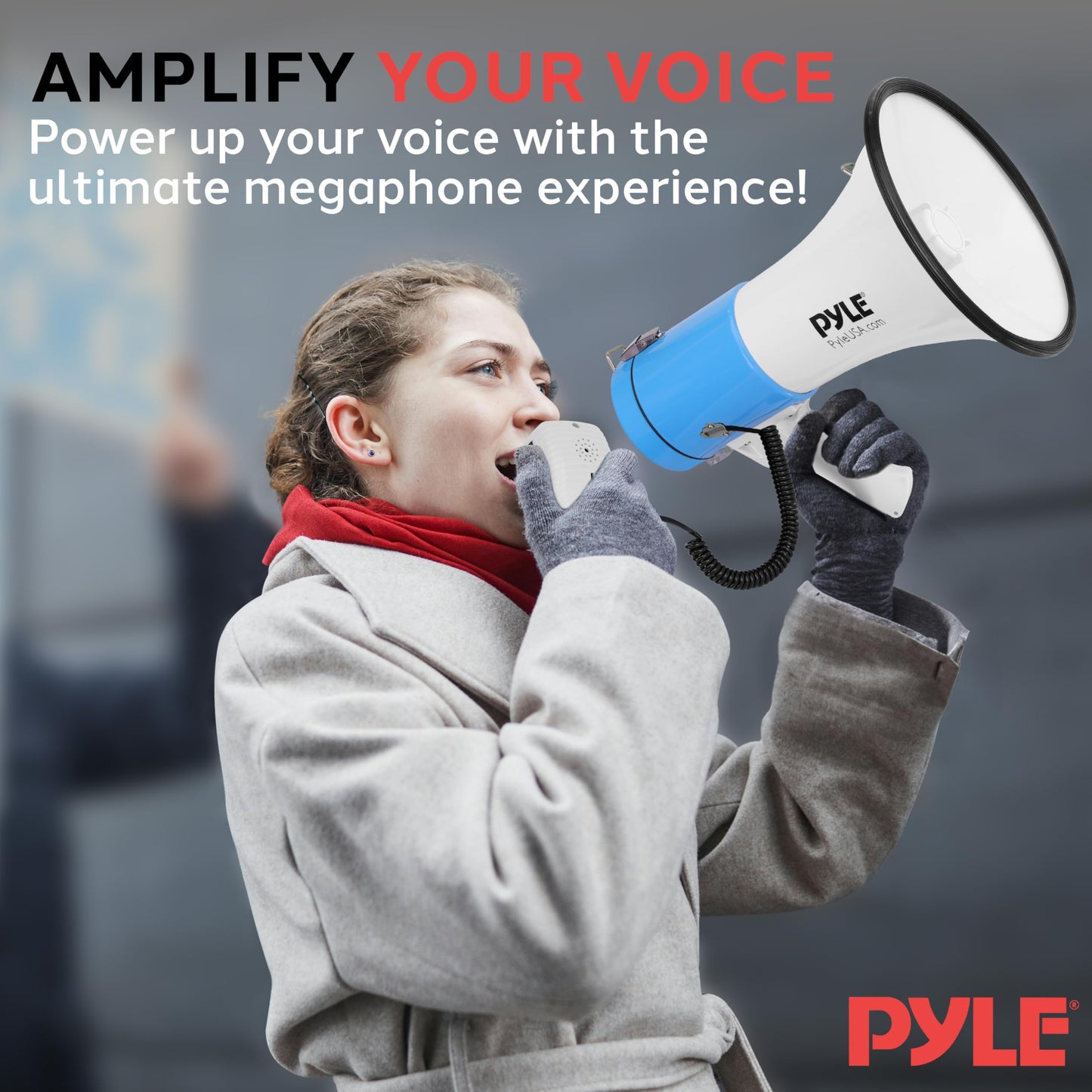Pyle 50W Megaphone Bullhorn - Portable, Automatic Siren & Adjustable Volume,Projection Range Up to 1200 Square Yards, Aux Input, Talk, Siren, Music, Whistle, & Record, Shoulder Strap (White-Blue)