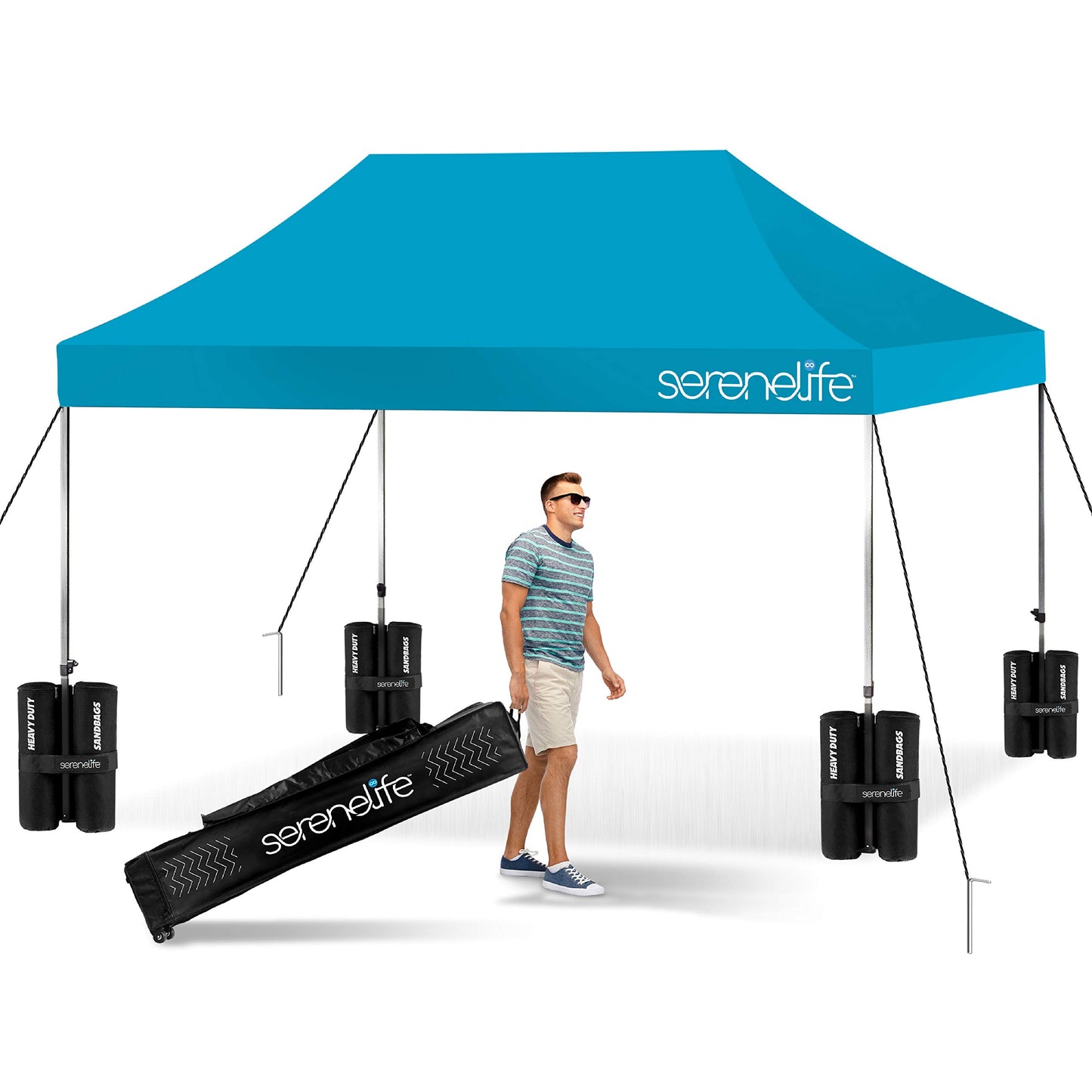 SereneLife SLGZ15SB Pop Commercial Instant Shelter-Waterproof Polyester Tent with Portable Wheeled Carry Sand Bag, 10 x 15 ft. (Sky Blue), 10x15
