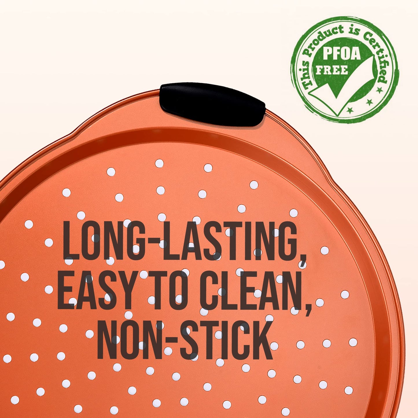 NutriChef 13-Inch Nonstick Pizza Tray - Round Carbon Steel Non-Stick Pizza Baking Pan with Perforated Holes, Premium Bakeware Pizza Screen with Silicone Grip Handles, Dishwasher Safe - Copper