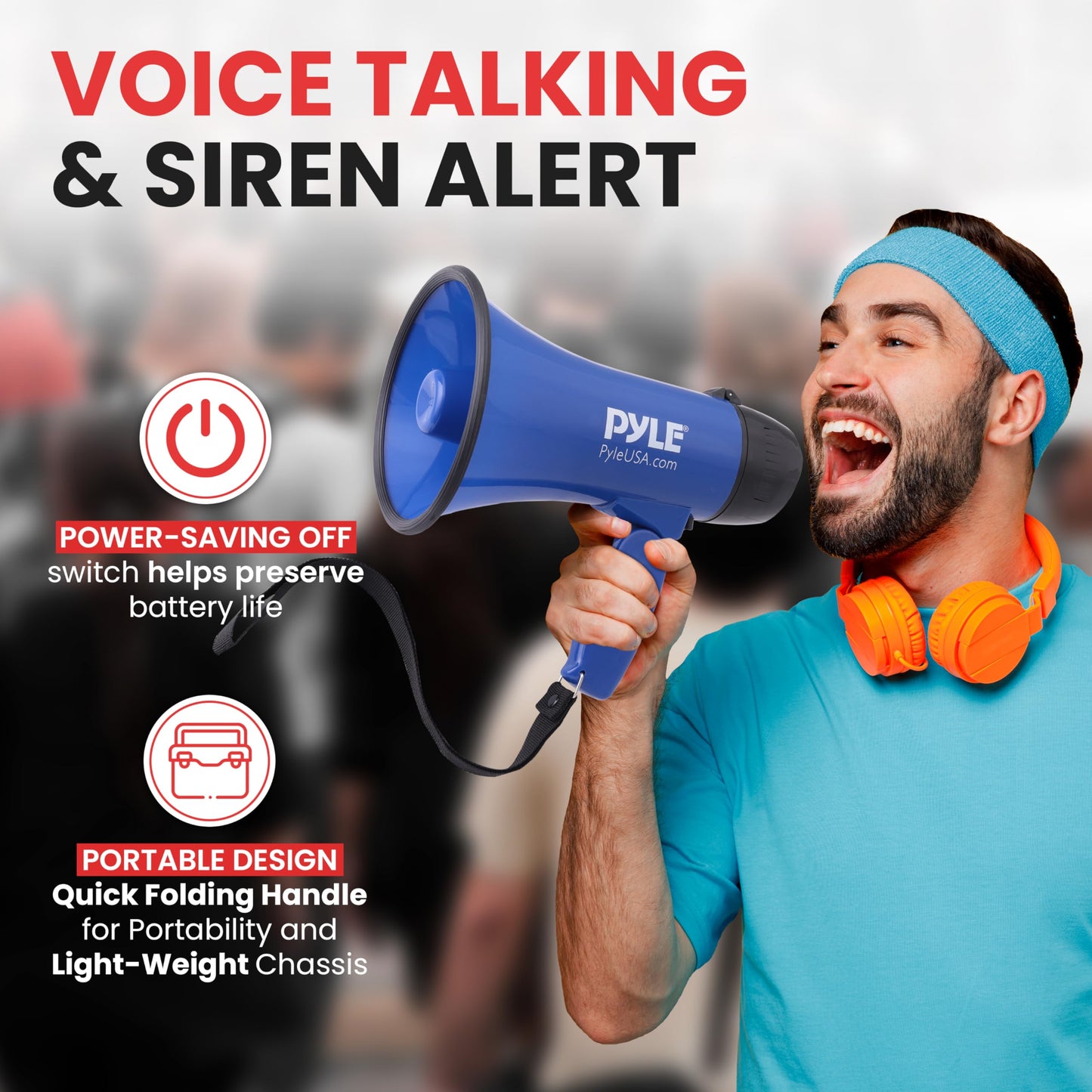 Pyle PMP21BL Portable Megaphone Speaker Siren Bullhorn - Compact and Battery Operated with 20 Watt Power, Microphone, 2 Modes, PA Sound and Foldable Handle for Cheerleading and Police Use, Blue