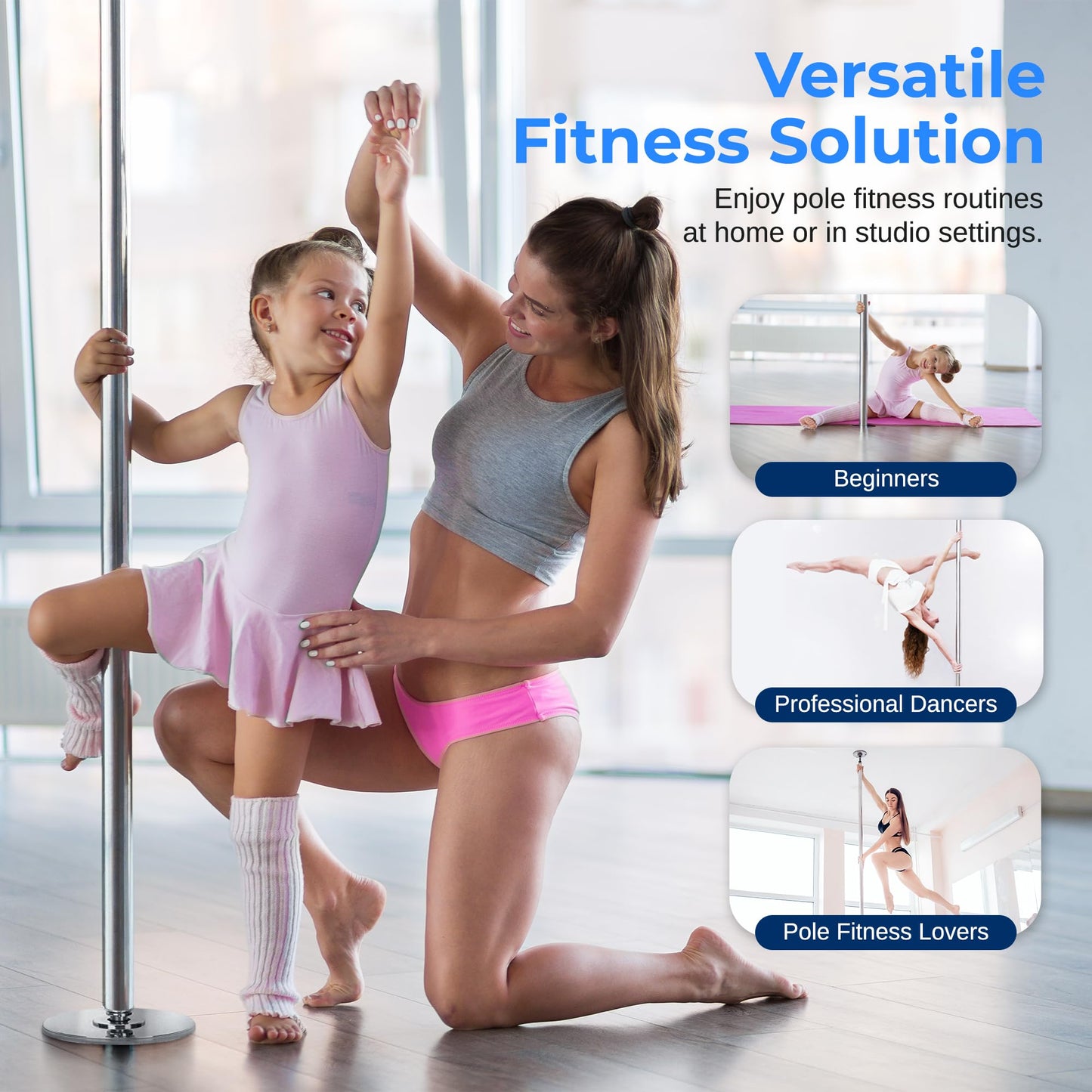 SereneLife Portable Spinning Fitness Pole – Adjustable Height 82–108" & 23.8 lb Steel Pole for Home Gym, Dance, Club & Bar – Chrome Finish, Easy to Install & Remove, Supports Up to 1,102 lb